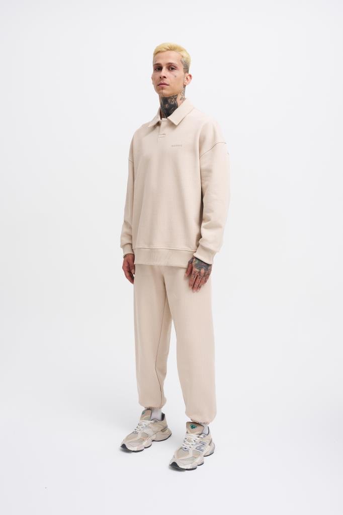 Erkek Basic Diagonal Polo Sweatshirt Açık Bej