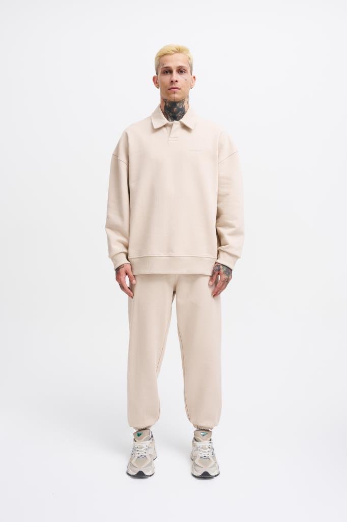 Erkek Basic Diagonal Polo Sweatshirt Açık Bej