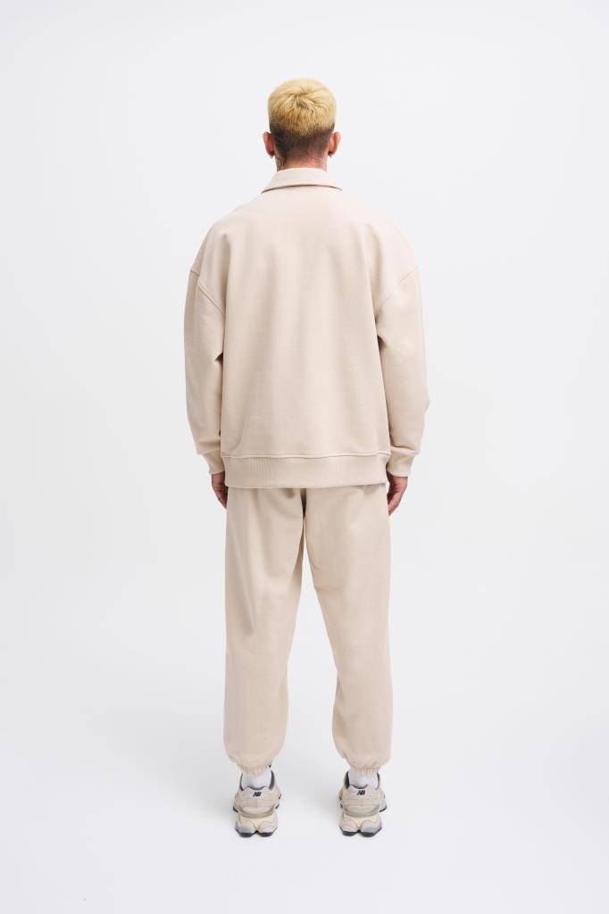 Erkek Basic Diagonal Polo Sweatshirt Açık Bej