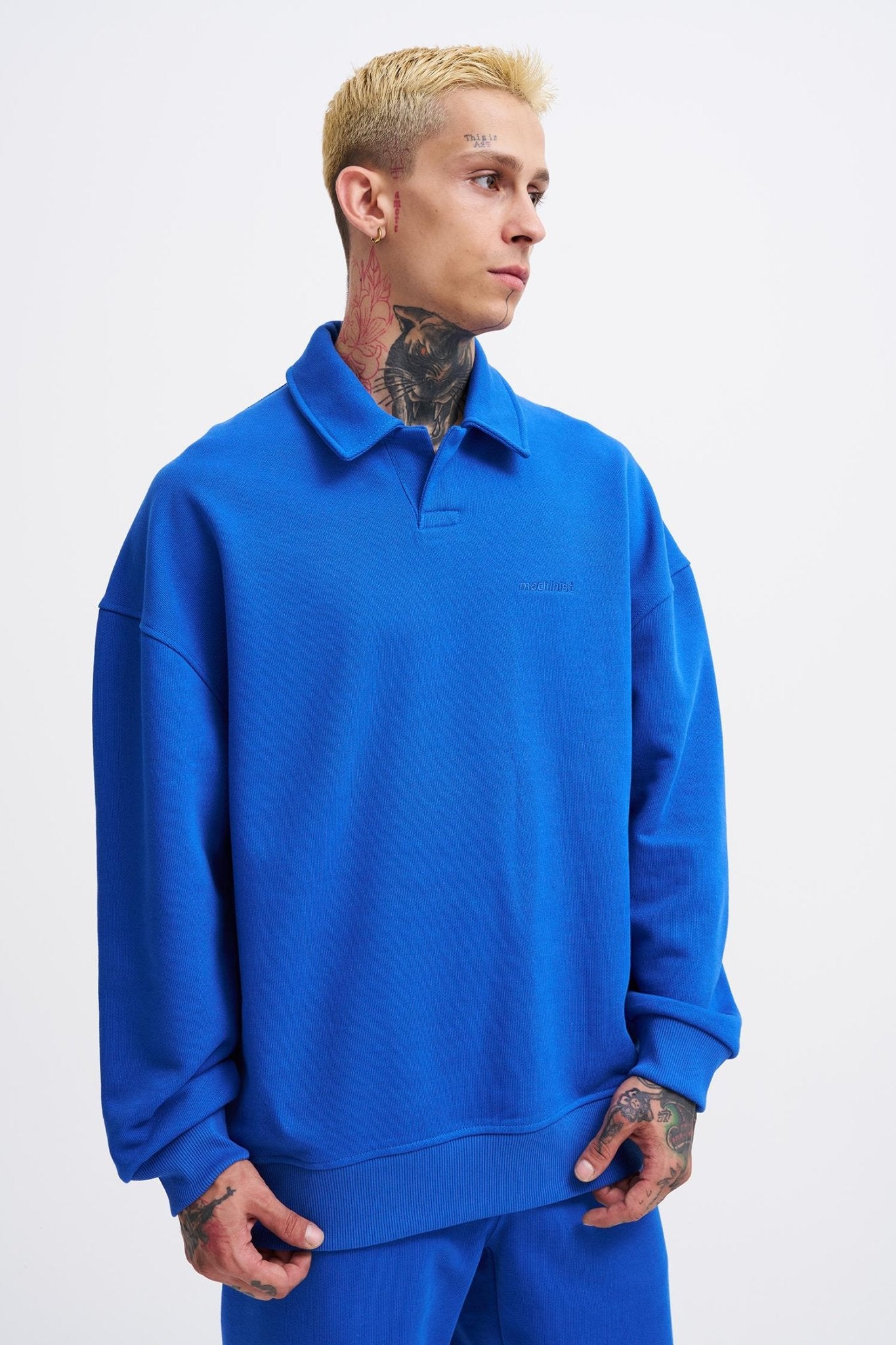 Erkek Basic Diagonal Polo Sweatshirt Açık Mavi