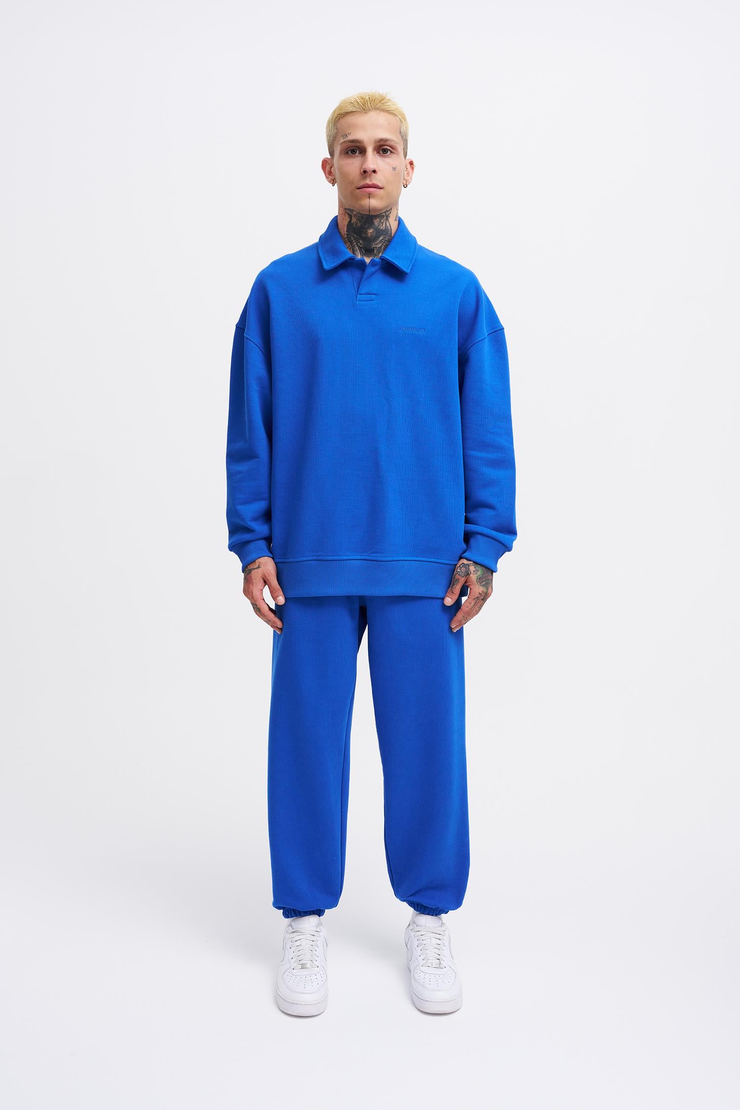 Erkek Basic Diagonal Polo Sweatshirt Açık Mavi