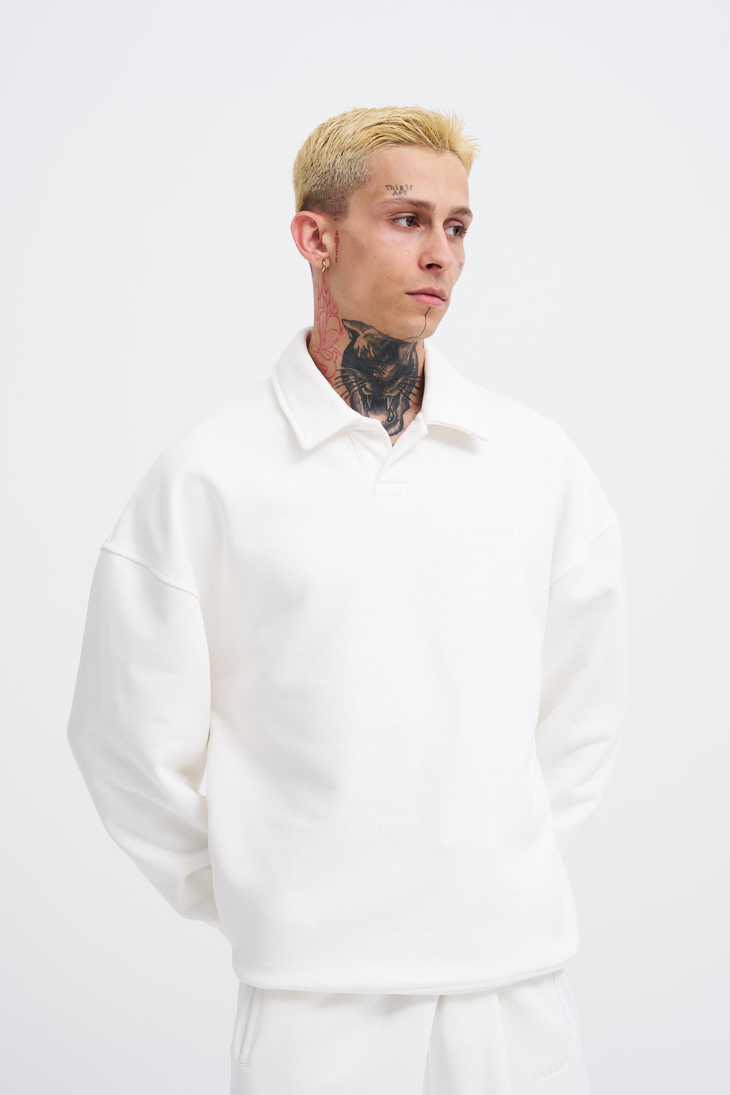 Erkek Basic Diagonal Polo Sweatshirt Ekru