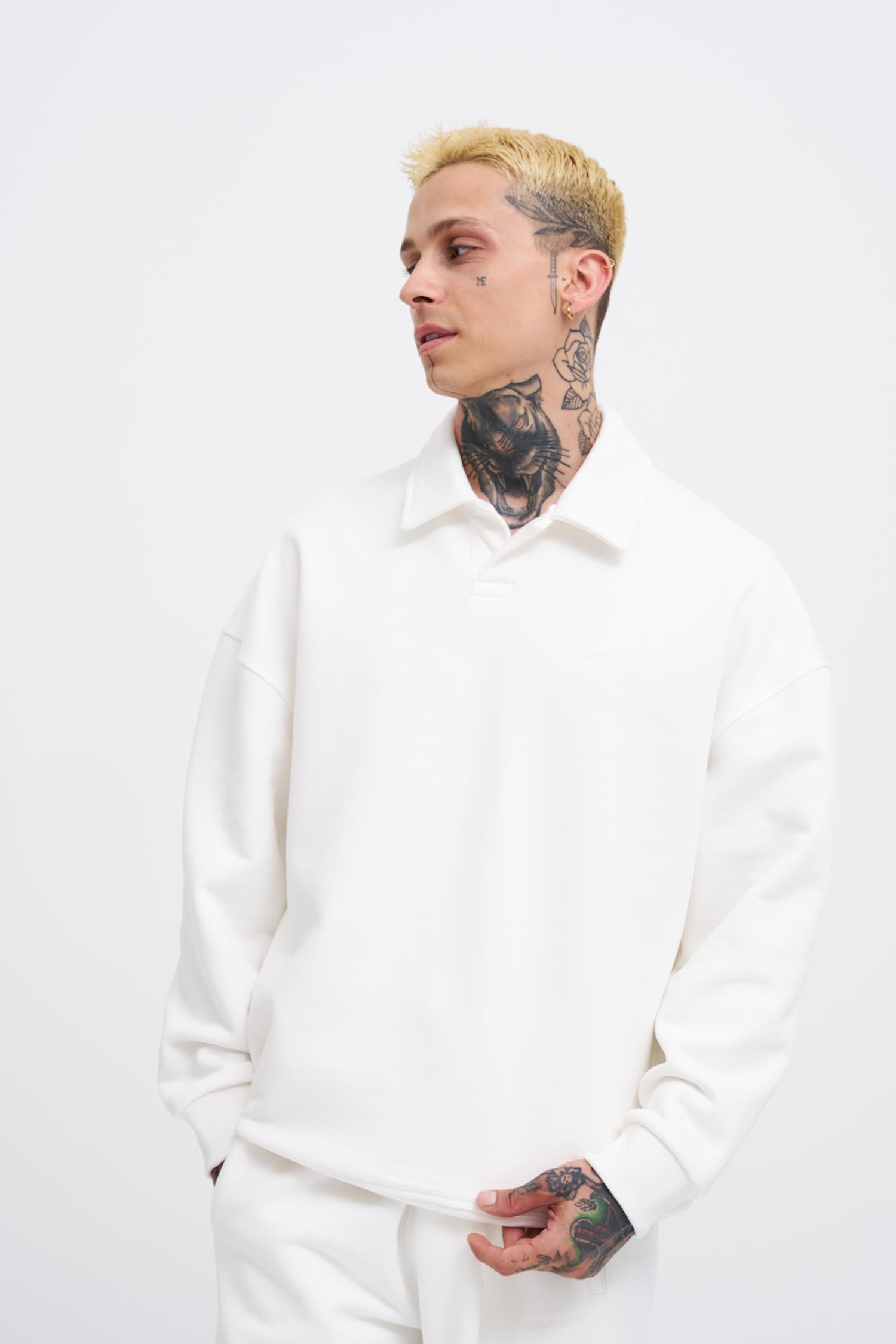 Erkek Basic Diagonal Polo Sweatshirt Ekru