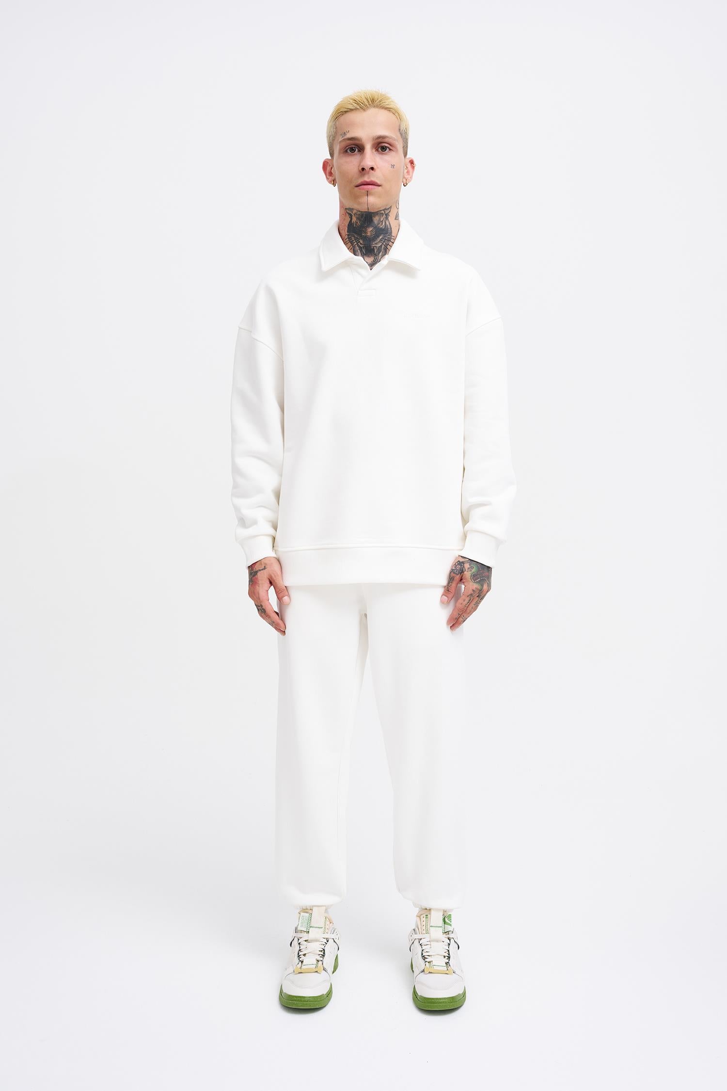 Erkek Basic Diagonal Polo Sweatshirt Ekru
