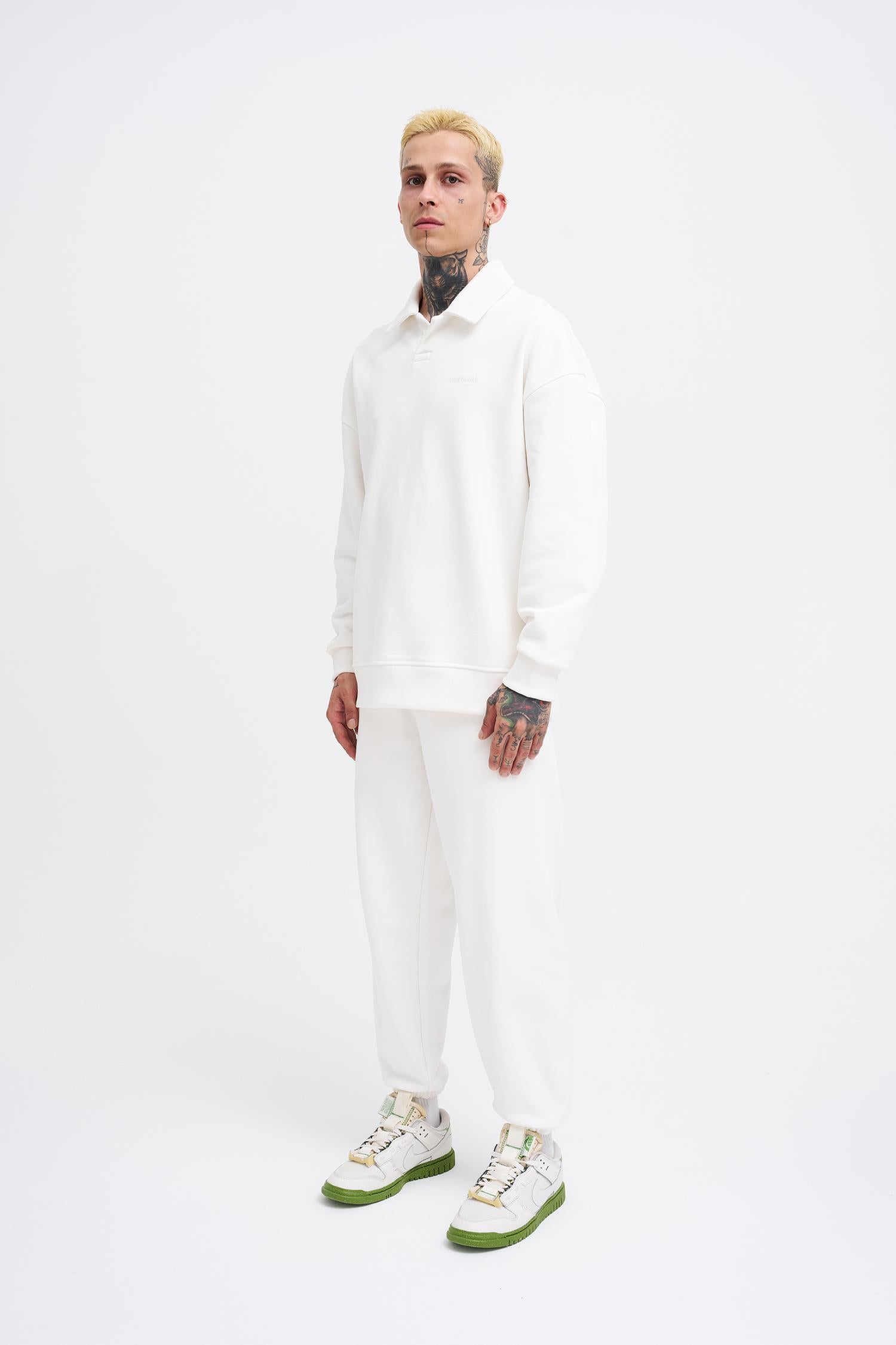 Erkek Basic Diagonal Polo Sweatshirt Ekru