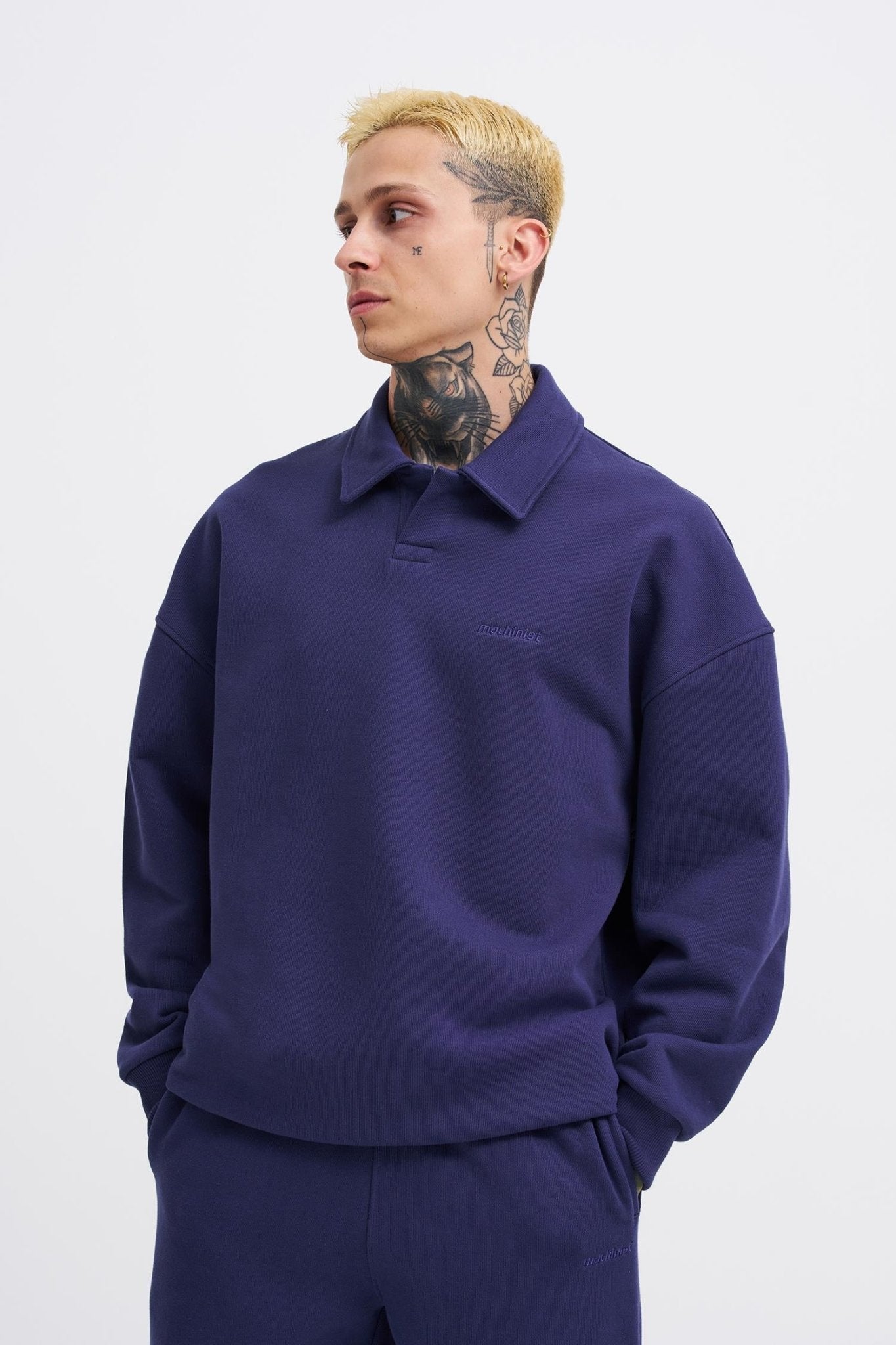 Erkek Basic Diagonal Polo Sweatshirt Gece Mavisi