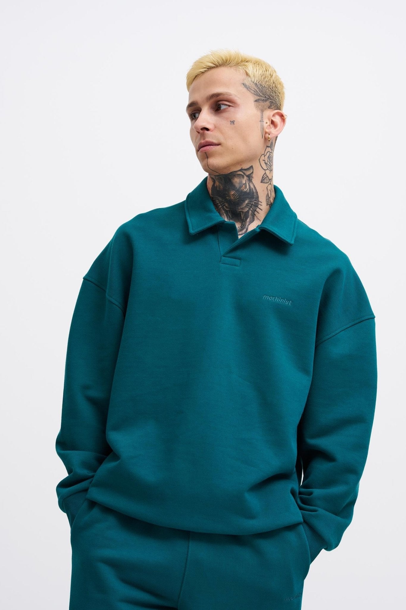 Erkek Basic Diagonal Polo Sweatshirt Yağ Yeşili