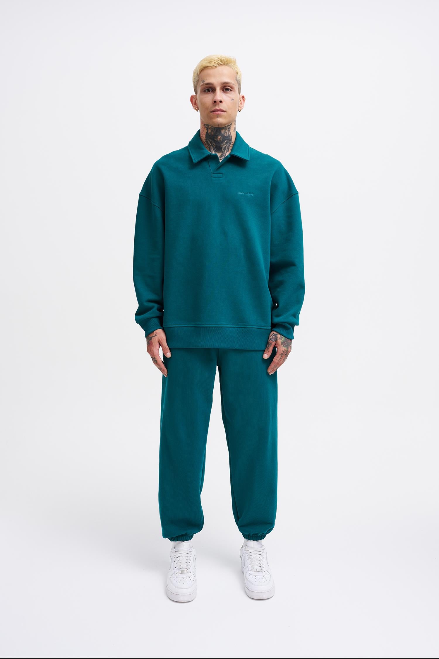 Erkek Basic Diagonal Polo Sweatshirt Yağ Yeşili
