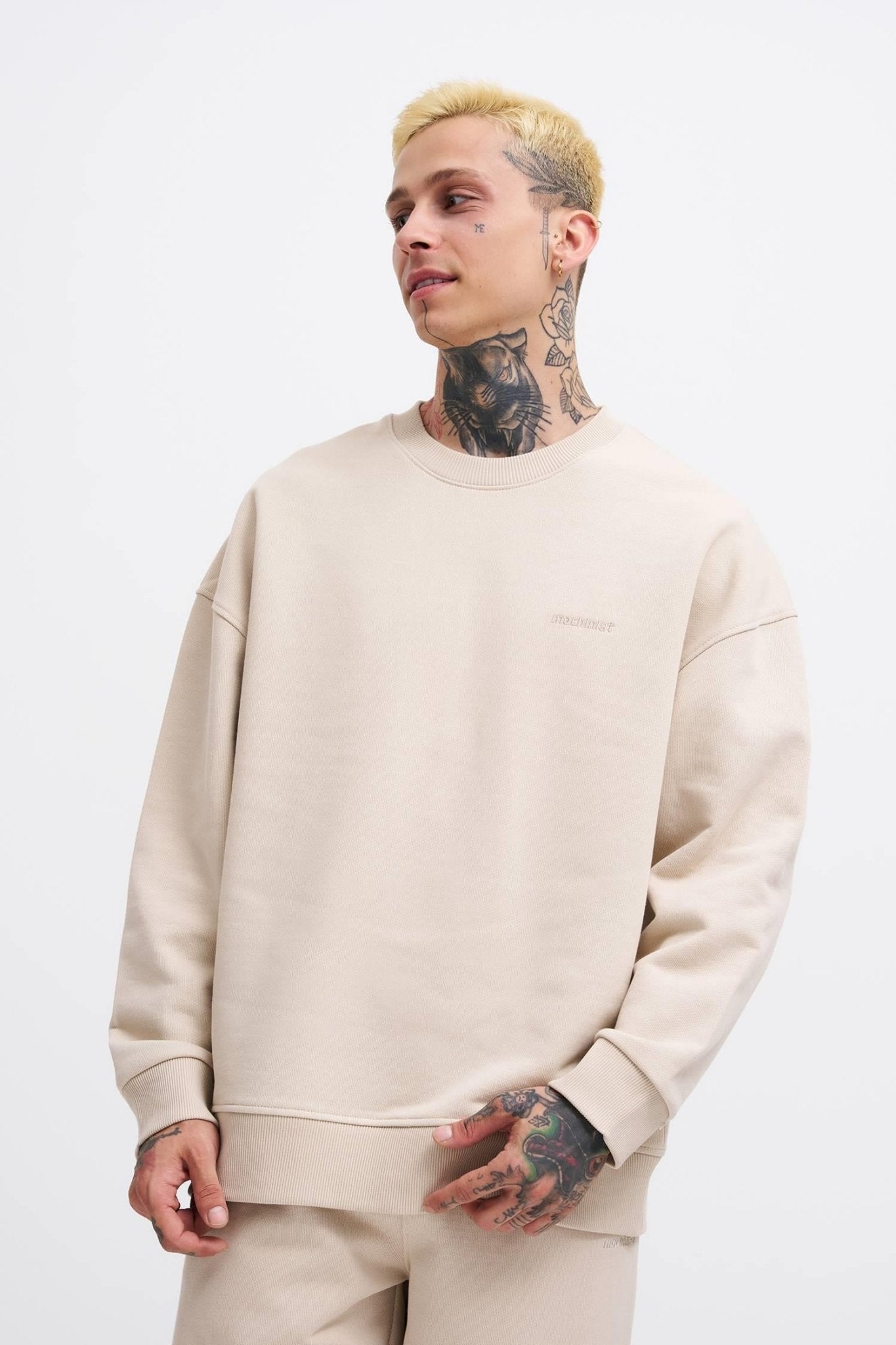 Erkek Basic Diagonal Swearshirt Açık Bej