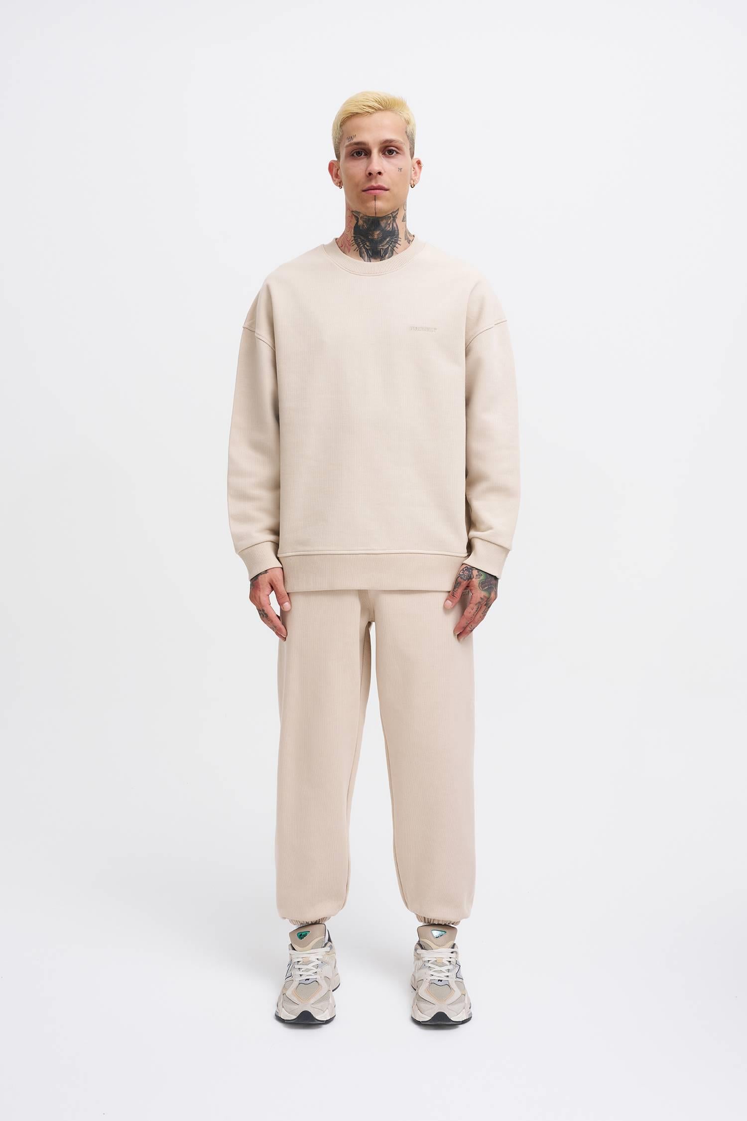 Erkek Basic Diagonal Swearshirt Açık Bej