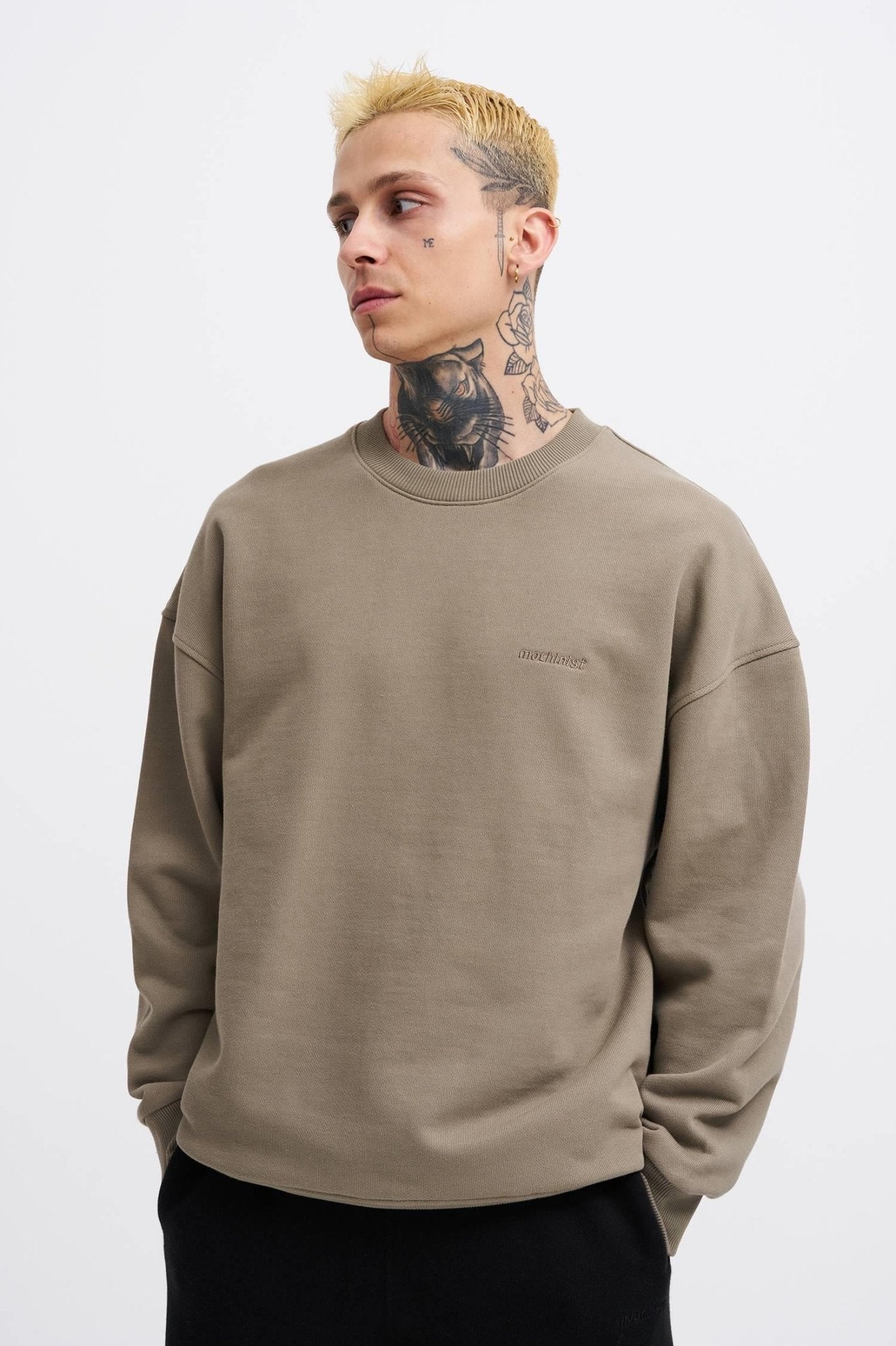 Erkek Basic Diagonal Swearshirt Haki