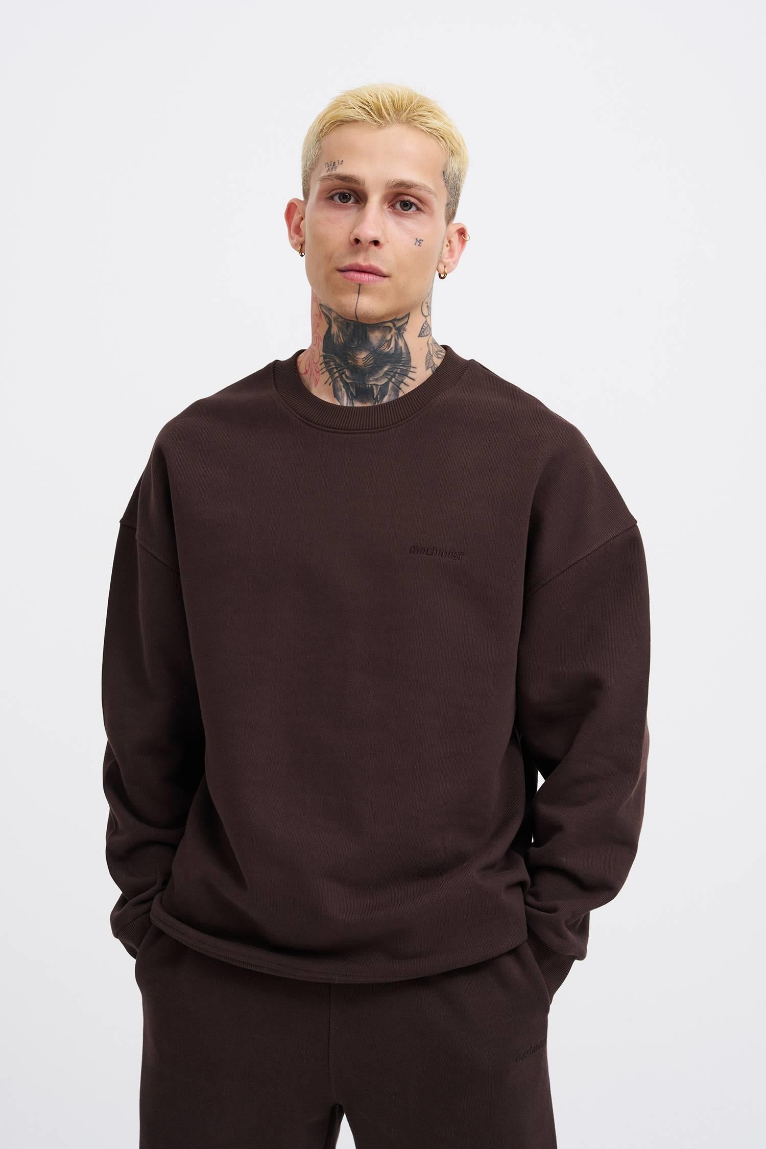 Erkek Basic Diagonal Swearshirt Koyu Kahverengi