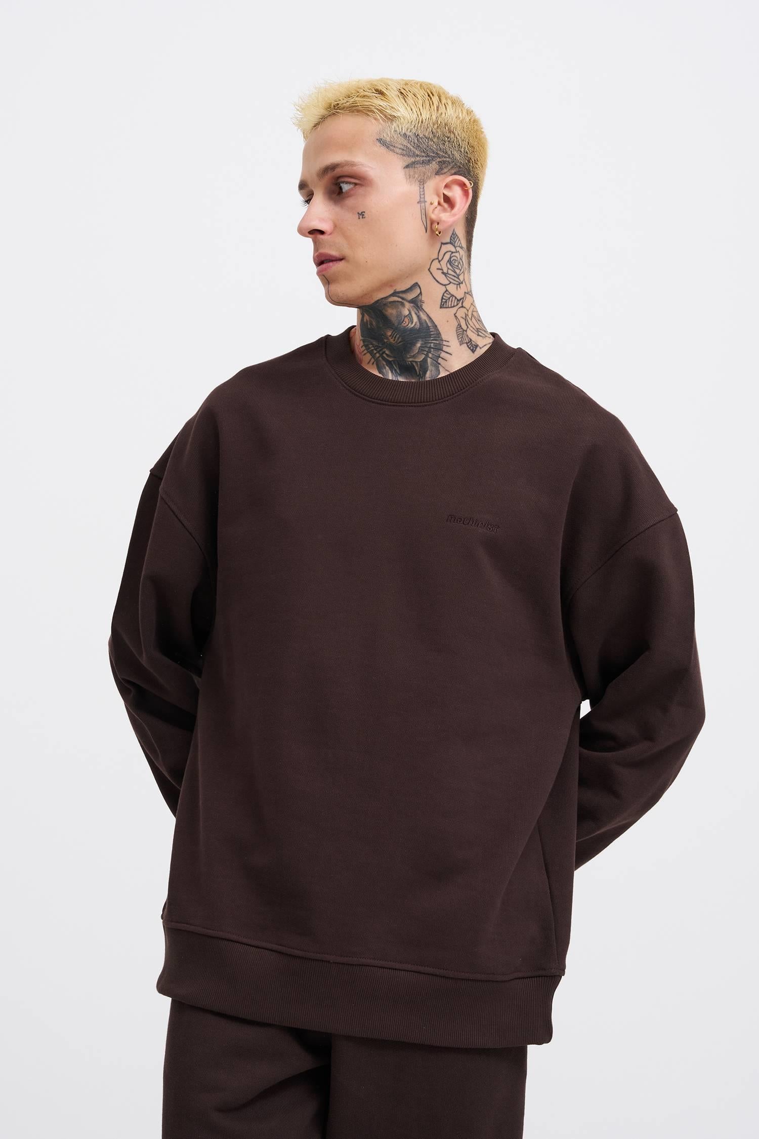 Erkek Basic Diagonal Swearshirt Koyu Kahverengi