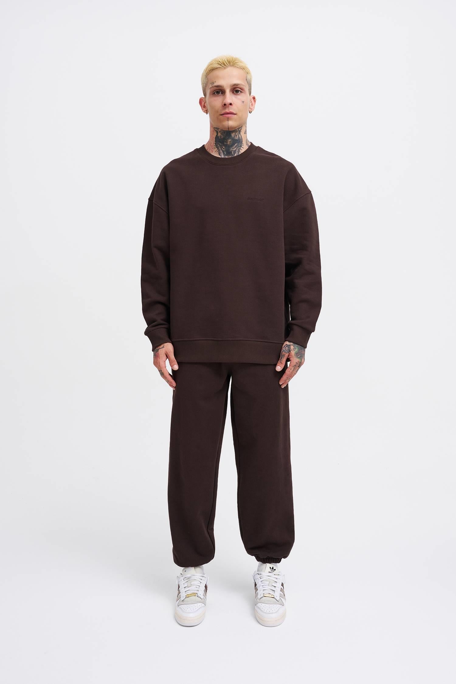 Erkek Basic Diagonal Swearshirt Koyu Kahverengi