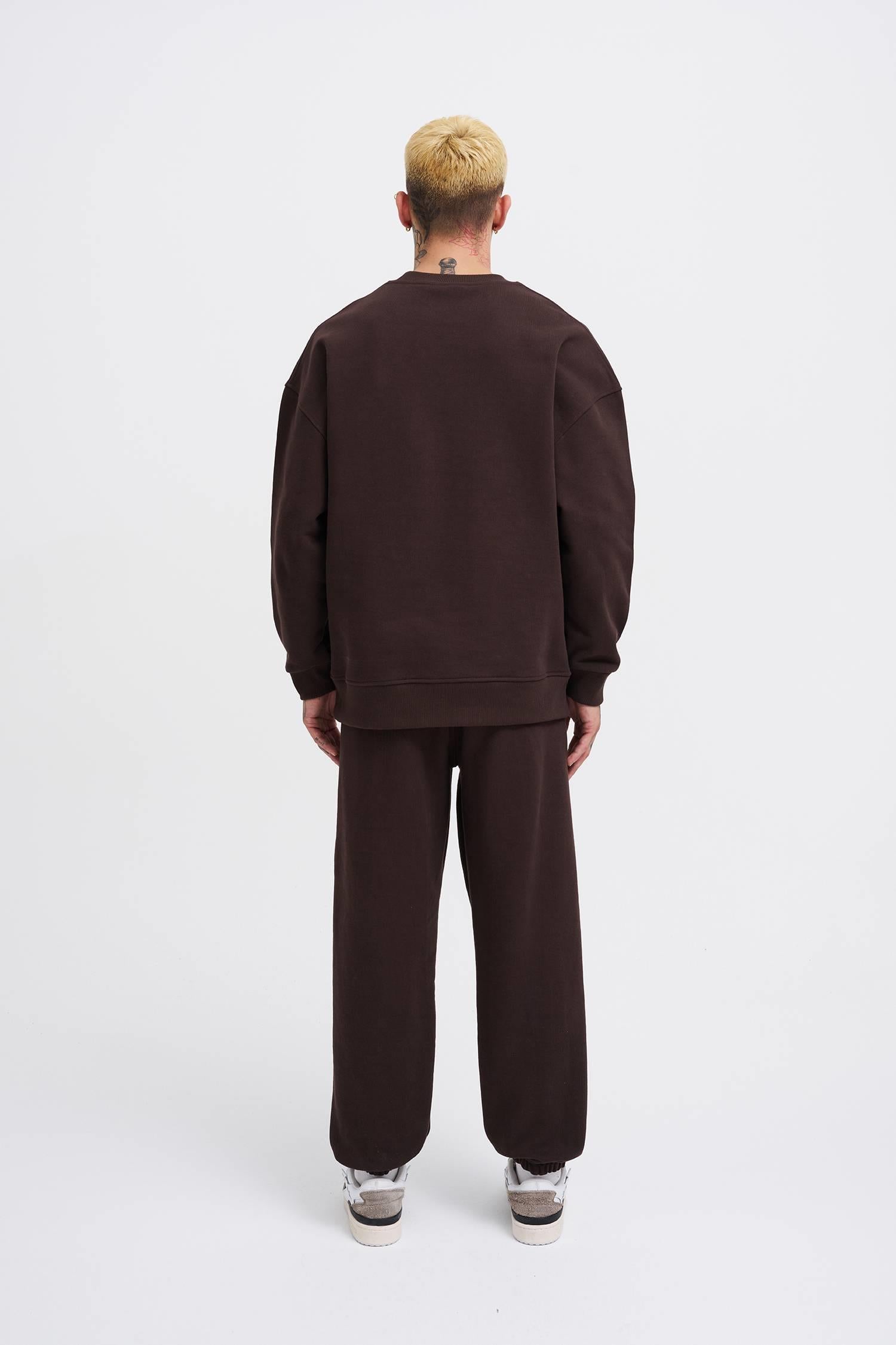 Erkek Basic Diagonal Swearshirt Koyu Kahverengi