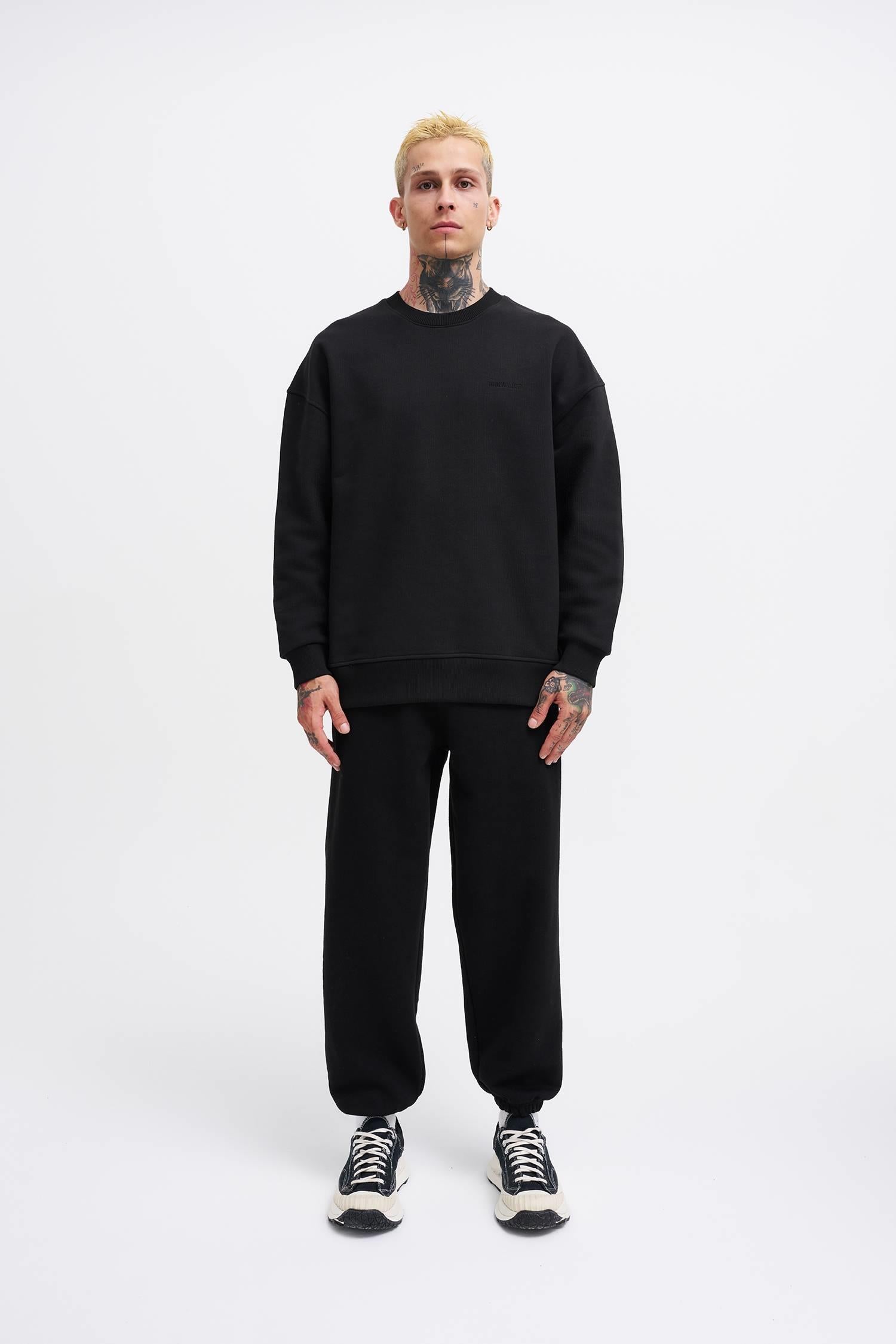 Erkek Basic Diagonal Swearshirt Siyah