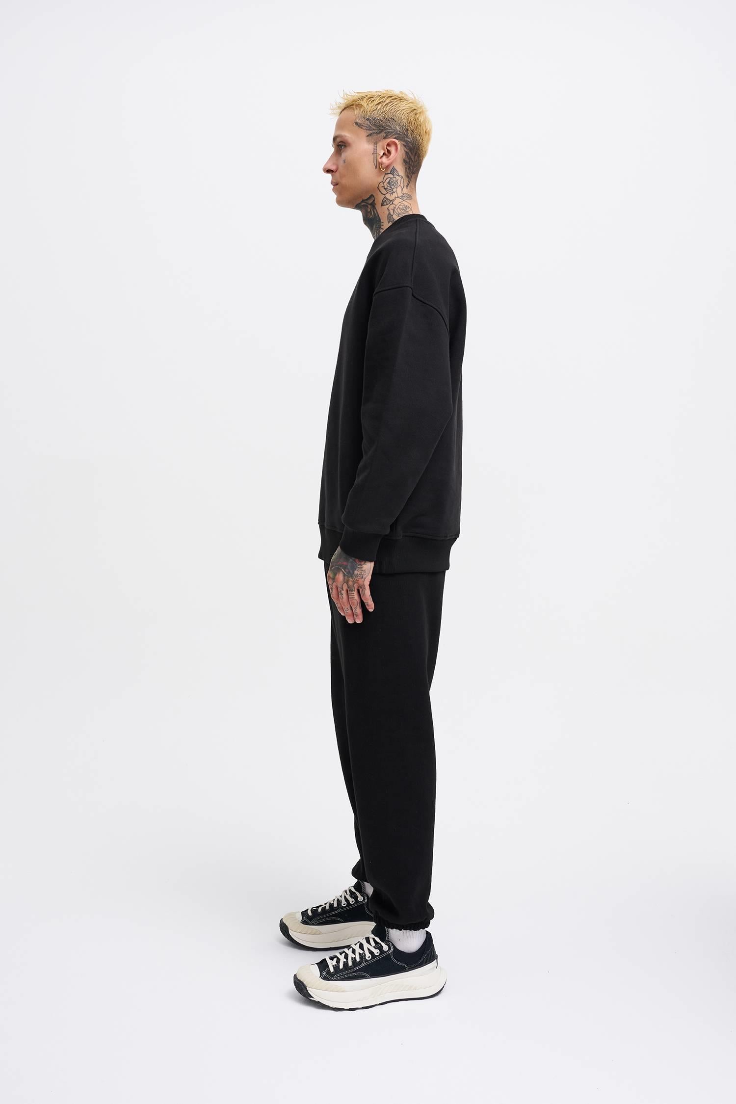 Erkek Basic Diagonal Swearshirt Siyah