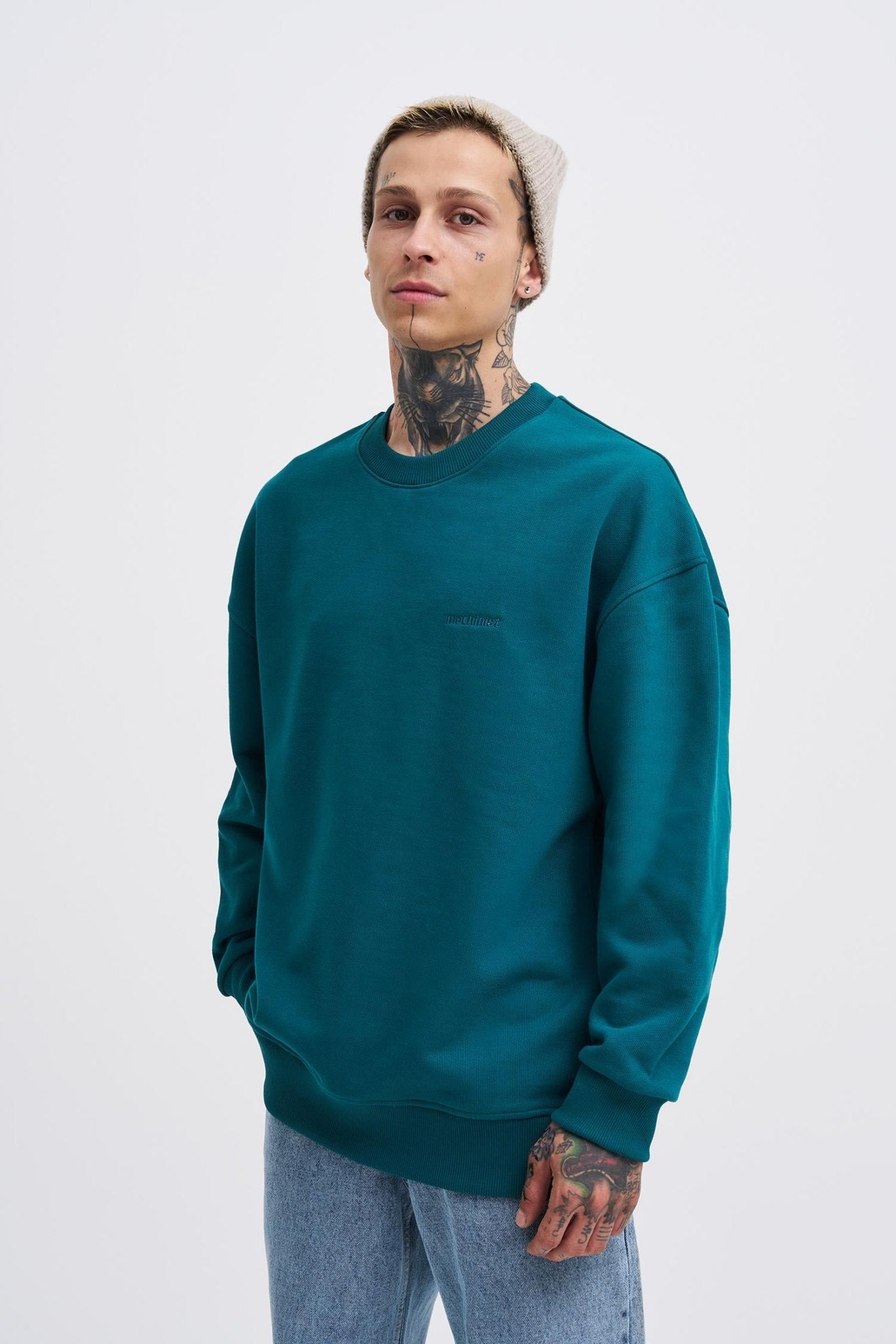 Erkek Basic Diagonal Swearshirt Yağ Yeşili