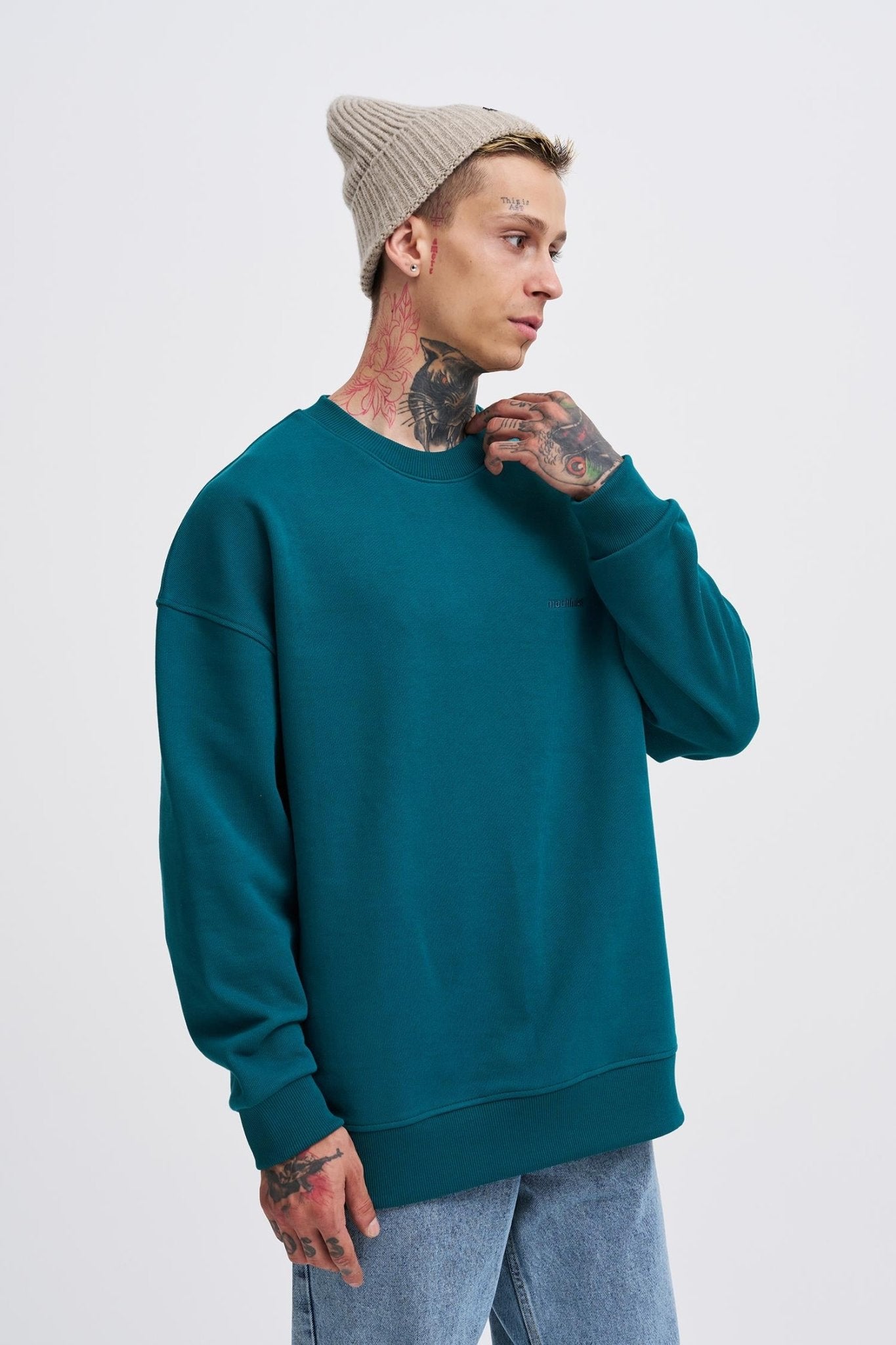 Erkek Basic Diagonal Swearshirt Yağ Yeşili