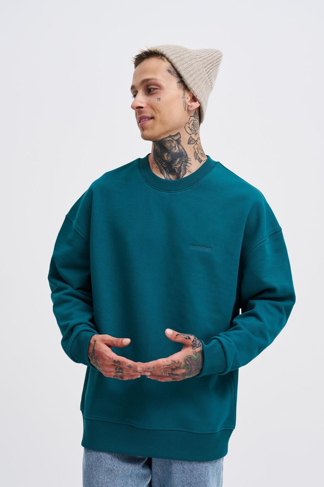 Erkek Basic Diagonal Swearshirt Yağ Yeşili
