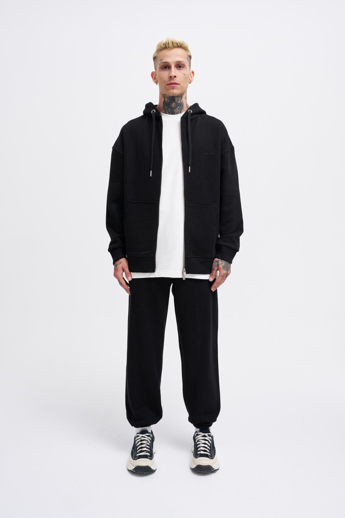 Erkek Basic Diagonal Fermuarlı Kapüşonlu Sweatshirt Siyah