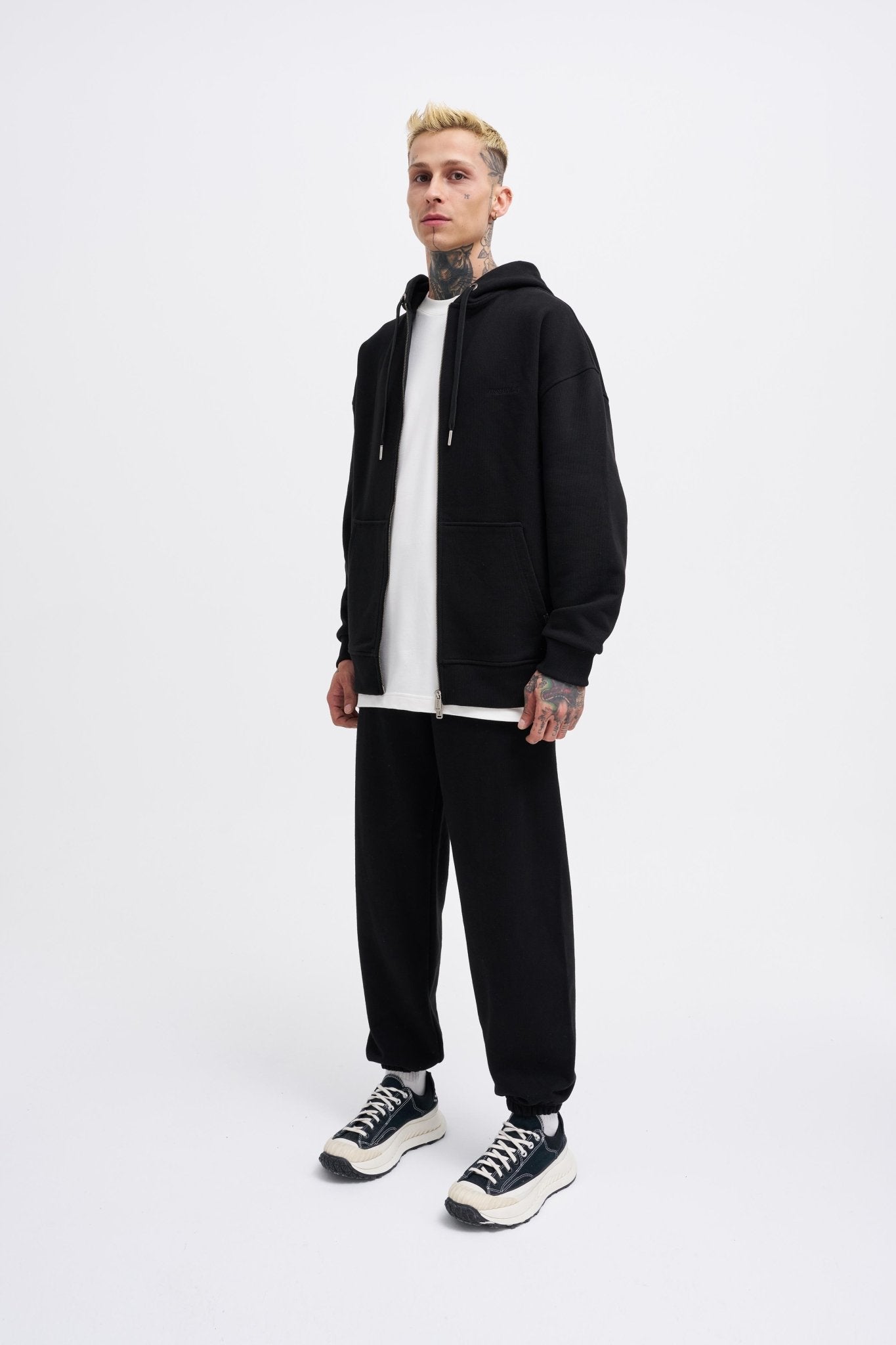 Erkek Basic Diagonal Fermuarlı Kapüşonlu Sweatshirt Siyah