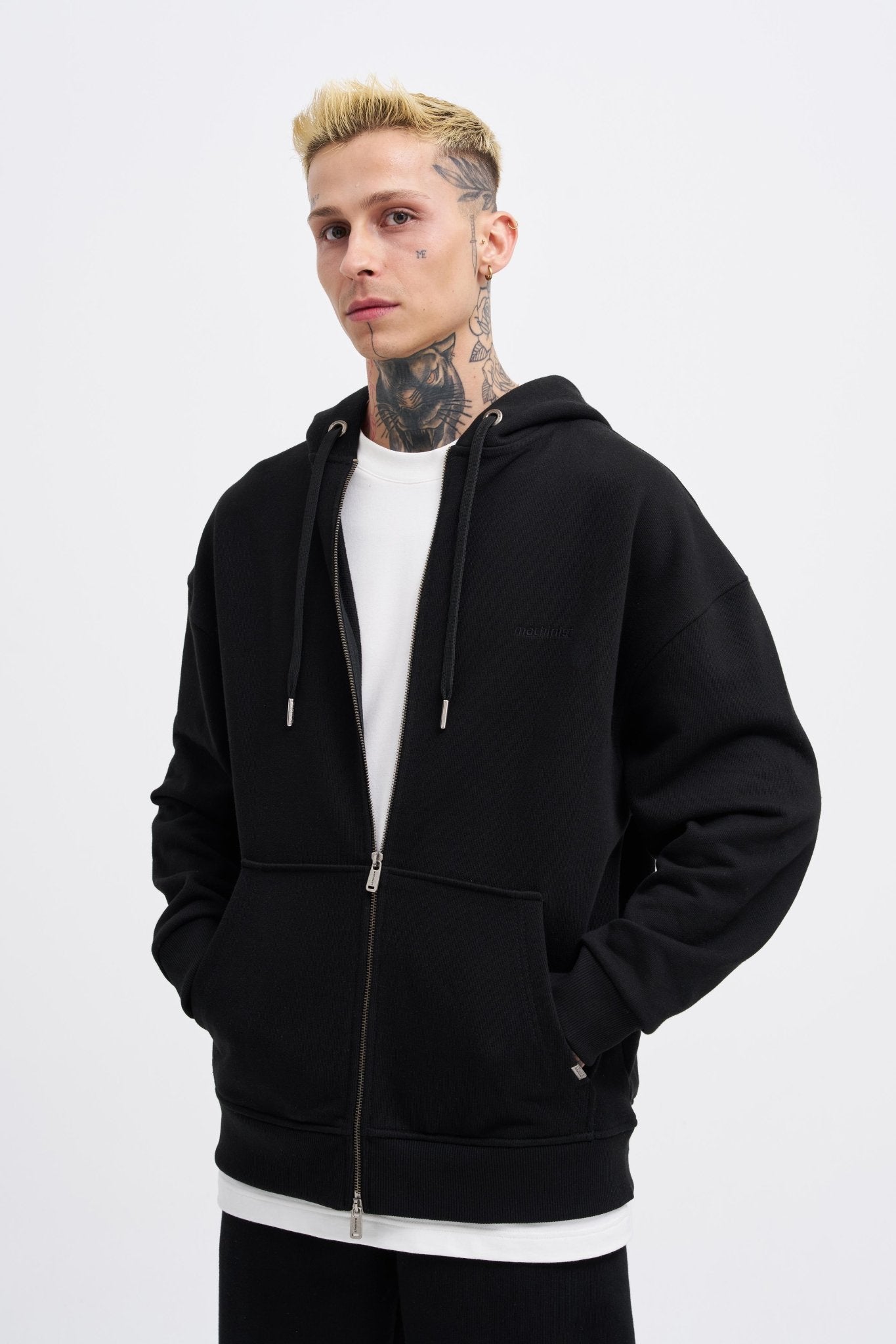 Erkek Basic Diagonal Fermuarlı Kapüşonlu Sweatshirt Siyah