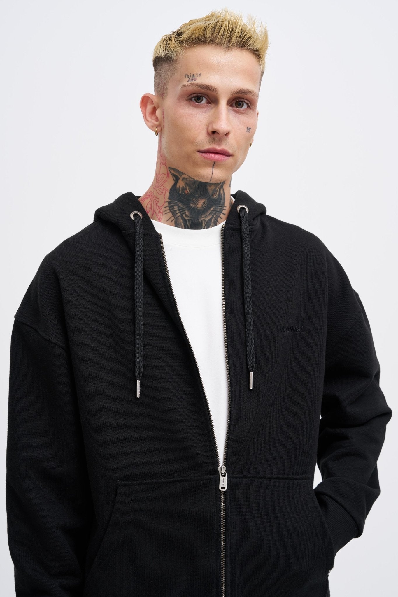 Erkek Basic Diagonal Fermuarlı Kapüşonlu Sweatshirt Siyah