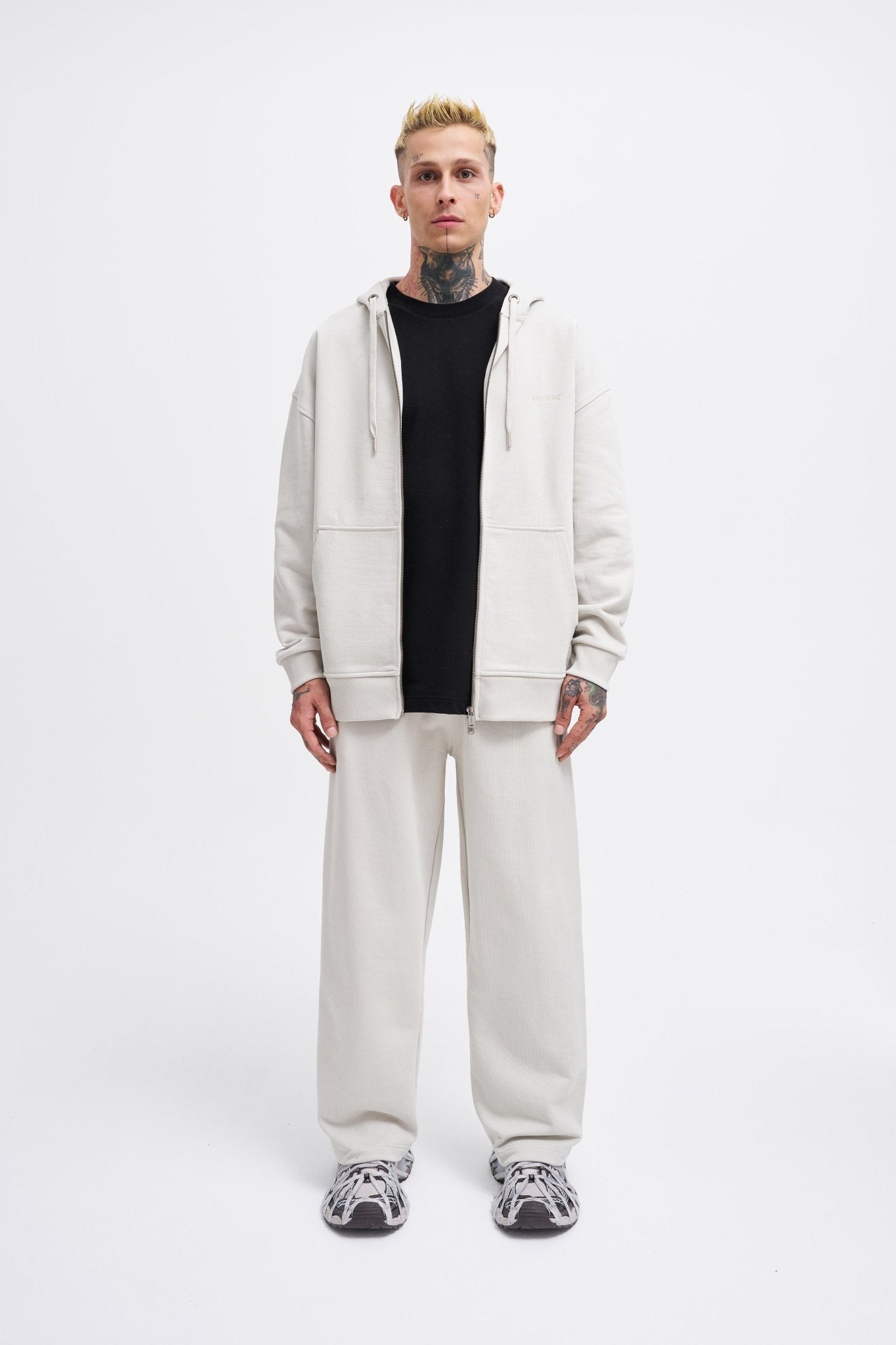 Erkek Basic Diagonal Fermuarlı Kapüşonlu Sweatshirt Uzay Grisi