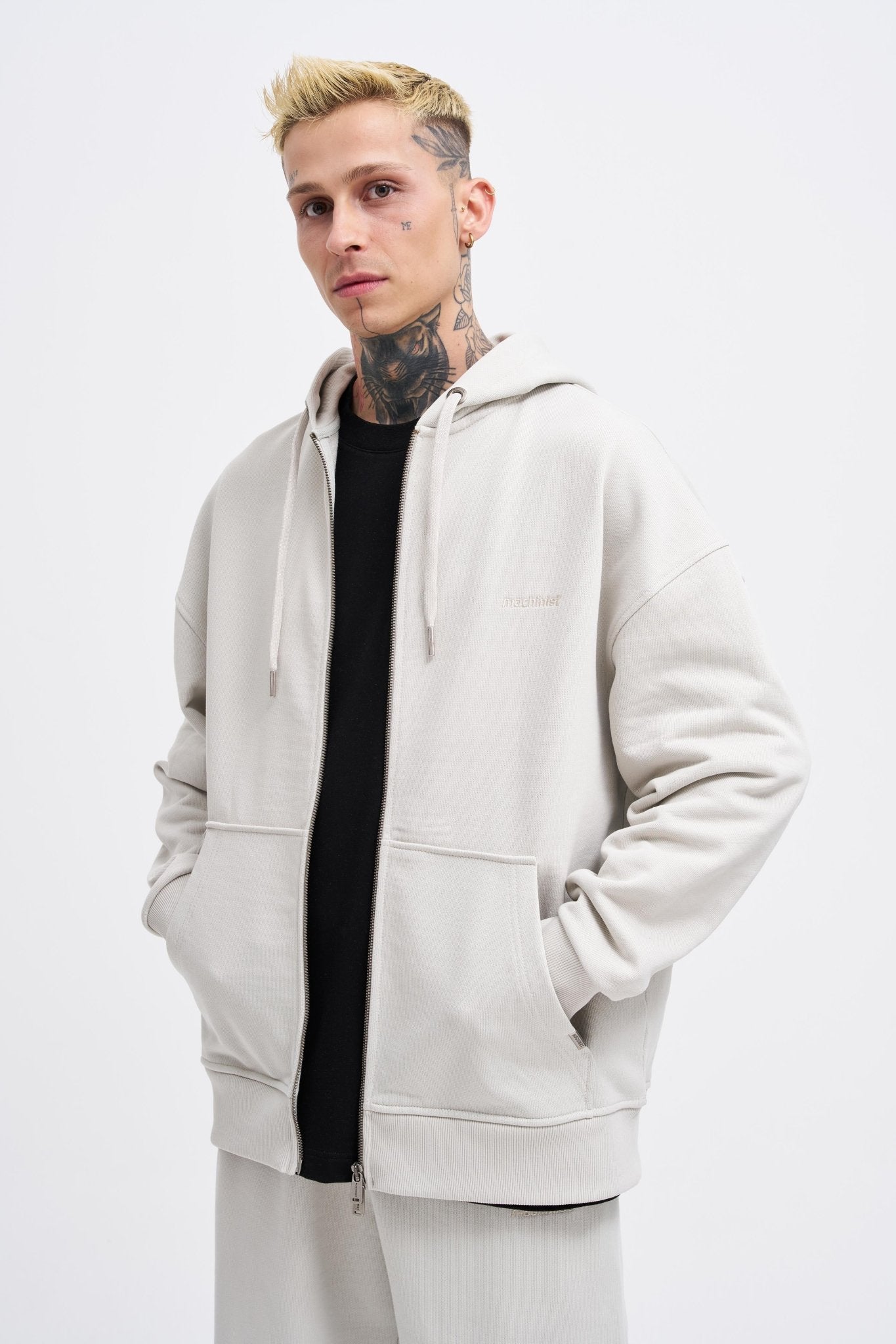 Erkek Basic Diagonal Fermuarlı Kapüşonlu Sweatshirt Uzay Grisi