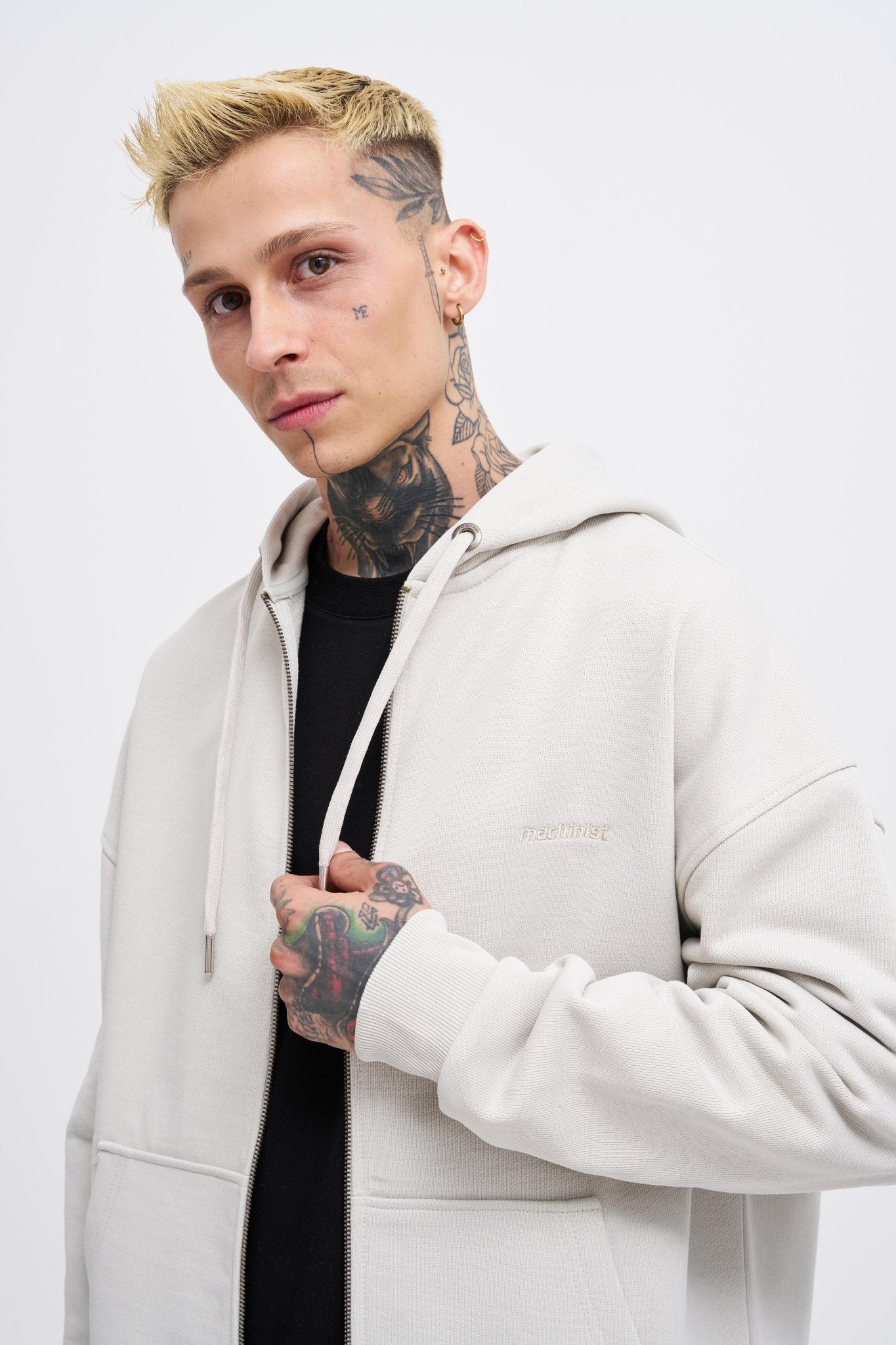 Erkek Basic Diagonal Fermuarlı Kapüşonlu Sweatshirt Uzay Grisi