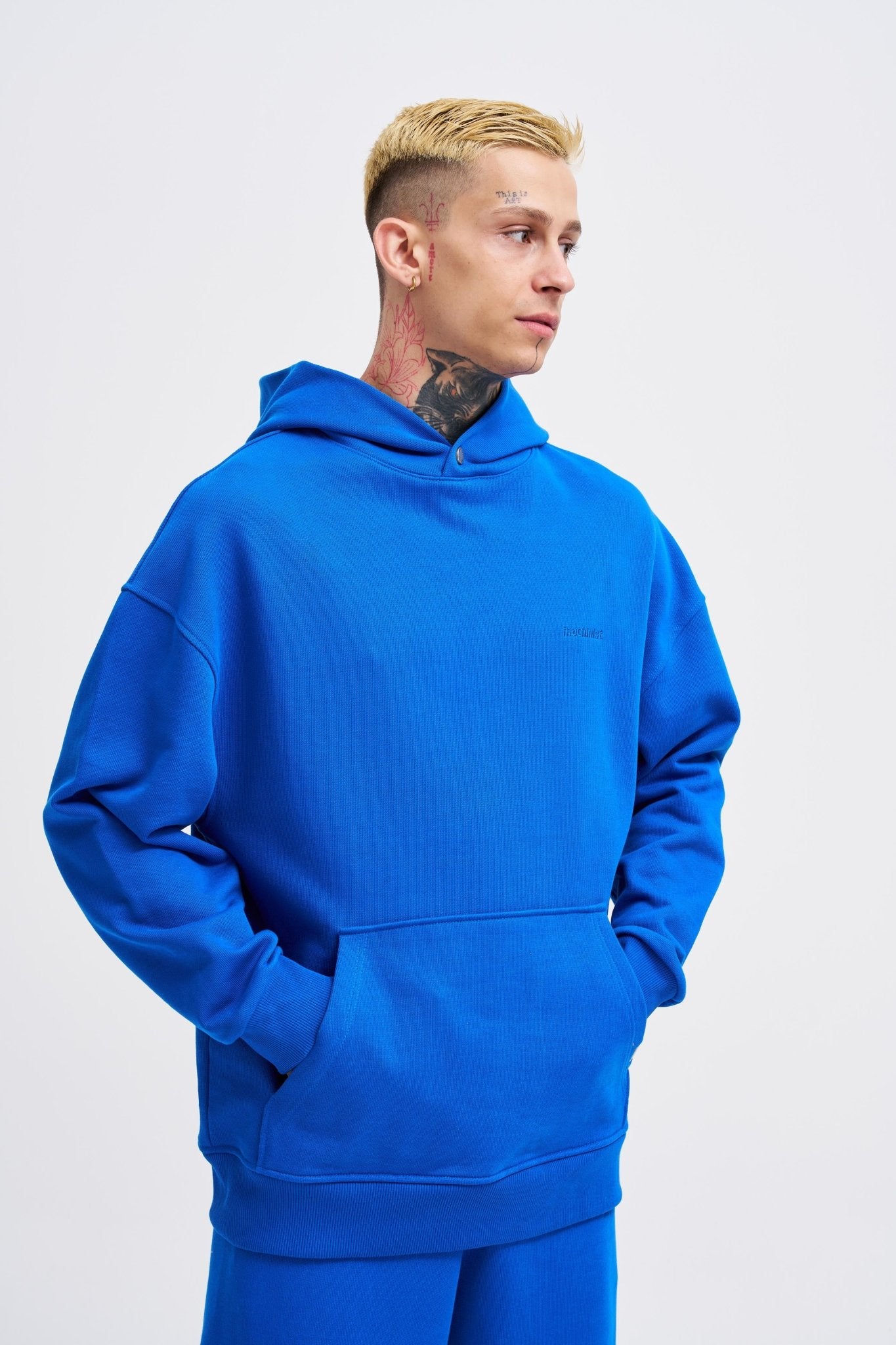 Erkek Basic Diagonel Kapüşonlu Sweatshirt Açık Mavi