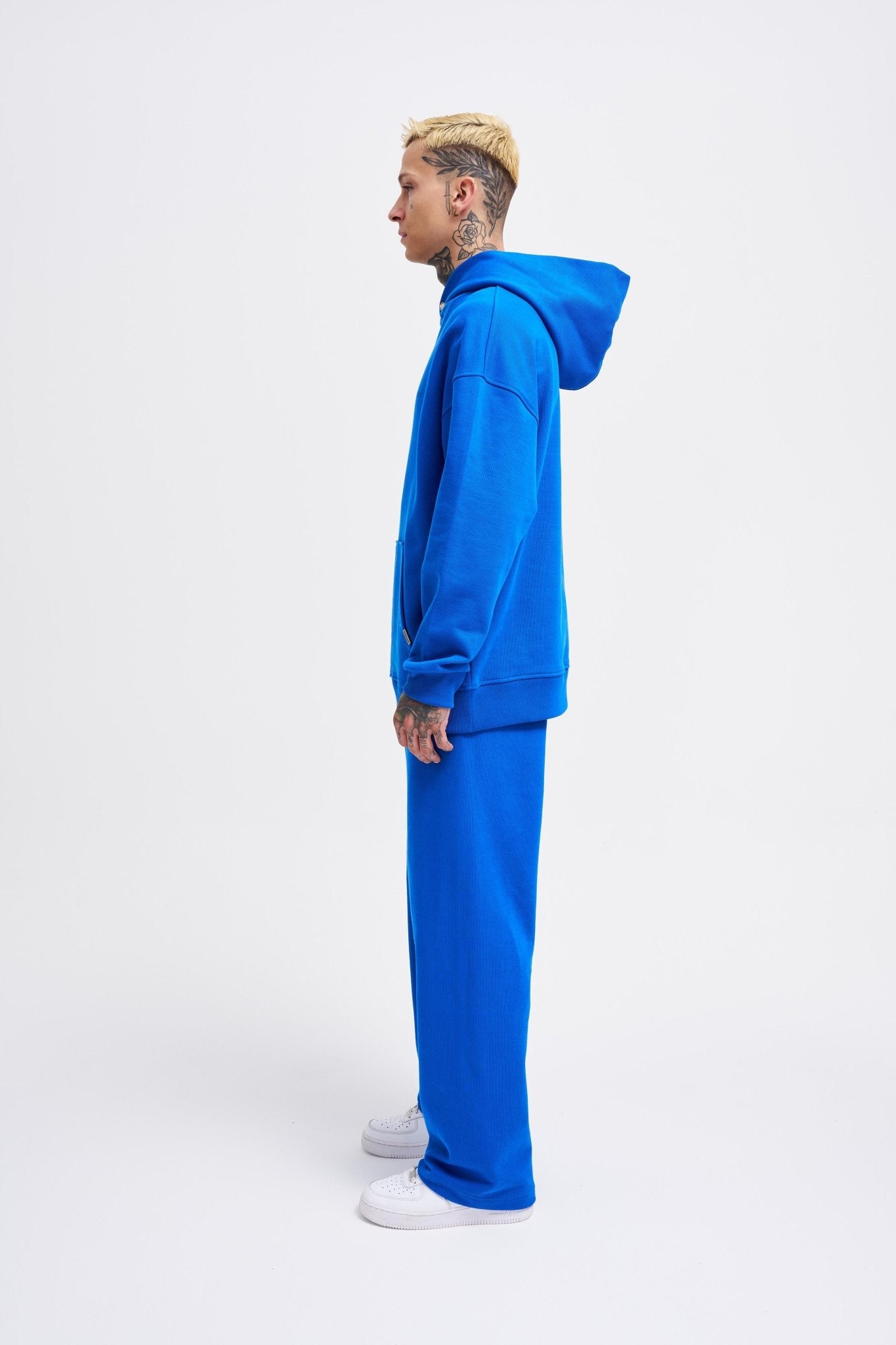 Erkek Basic Diagonel Kapüşonlu Sweatshirt Açık Mavi