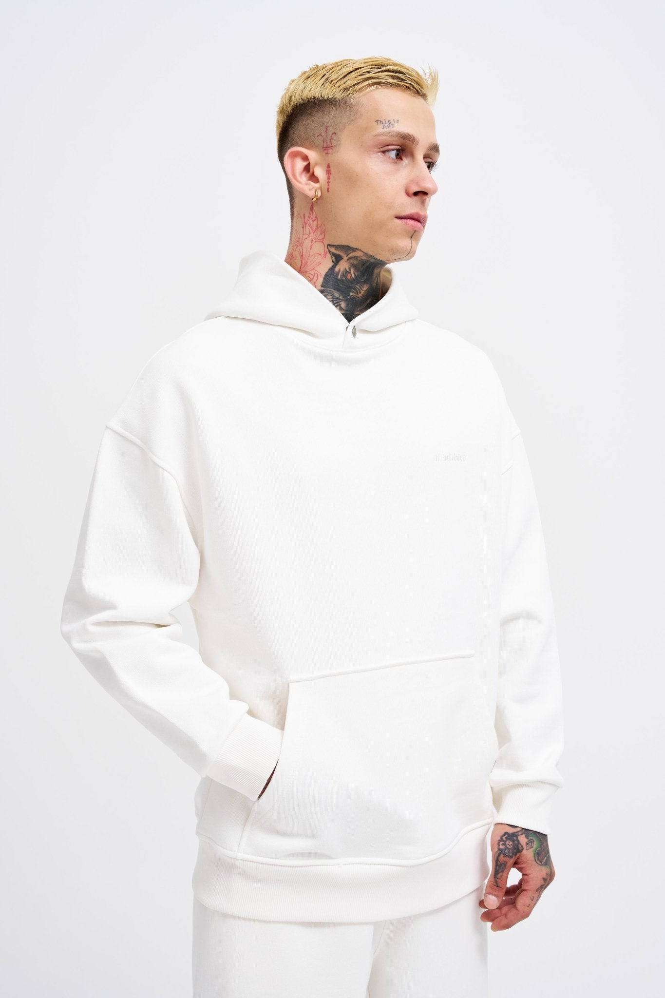 Erkek Basic Diagonel Kapüşonlu Sweatshirt Ekru