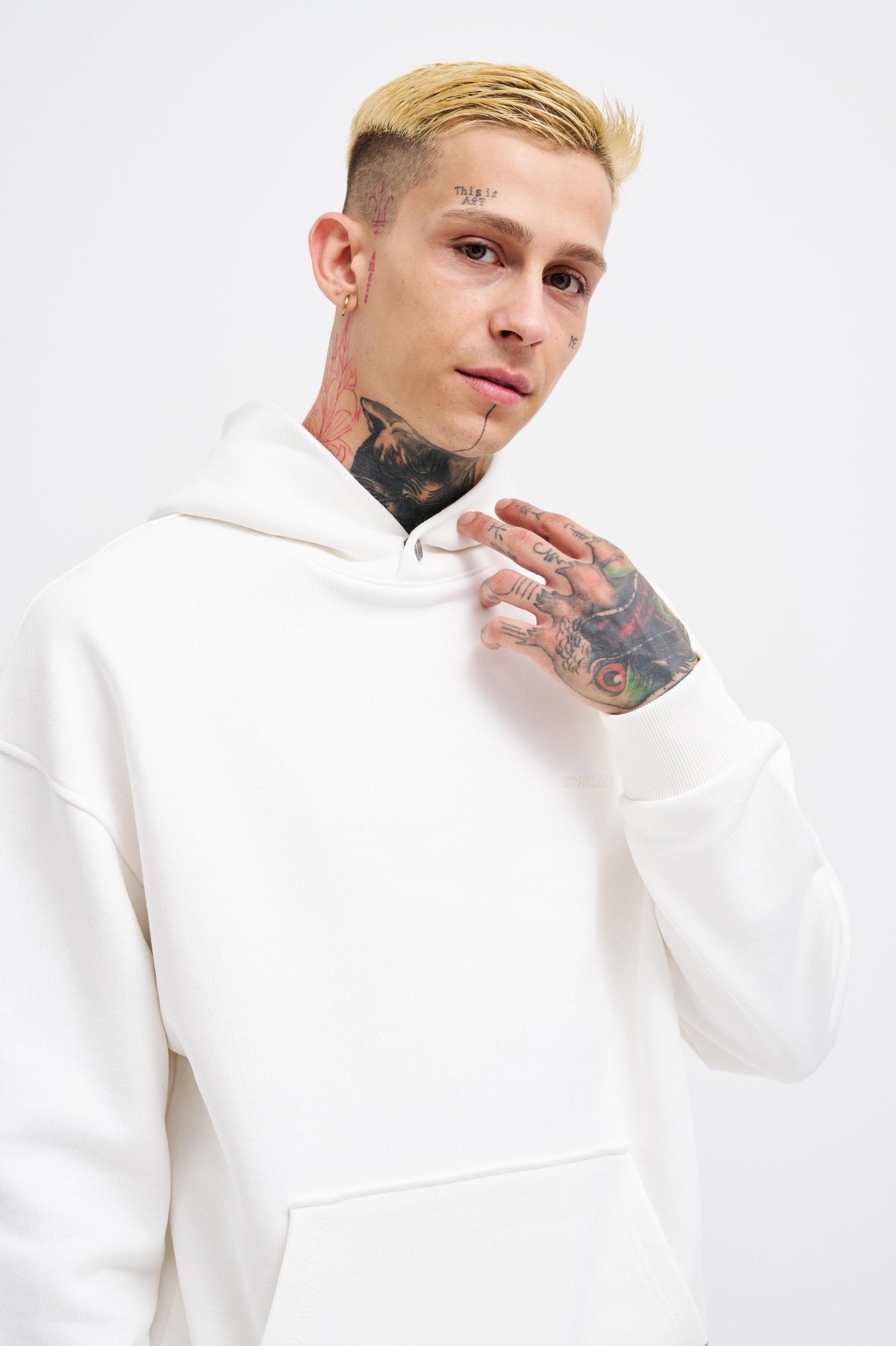 Erkek Basic Diagonel Kapüşonlu Sweatshirt Ekru