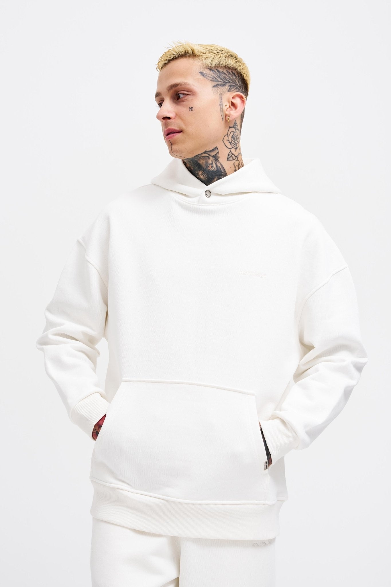 Erkek Basic Diagonel Kapüşonlu Sweatshirt Ekru
