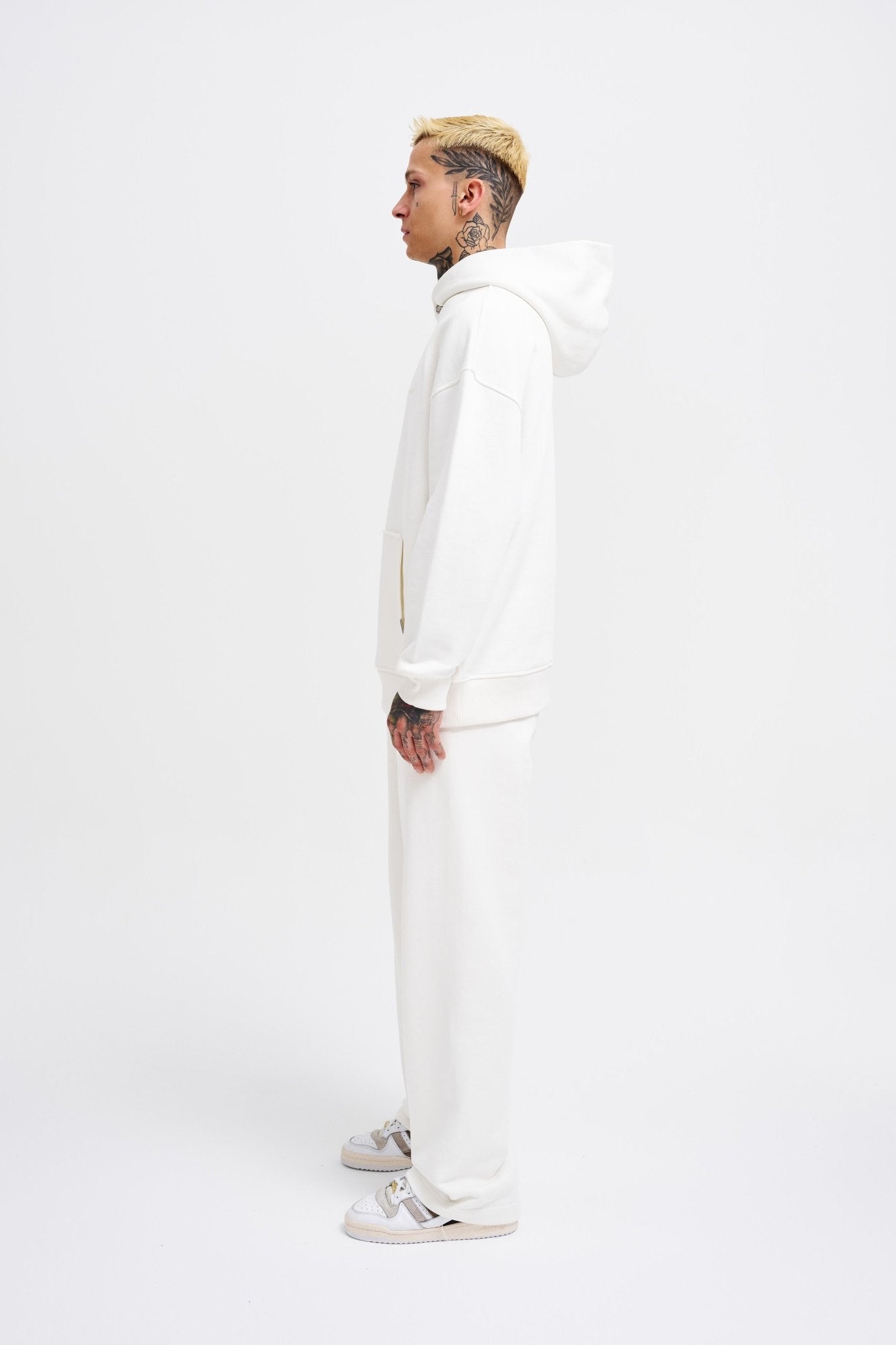 Erkek Basic Diagonel Kapüşonlu Sweatshirt Ekru
