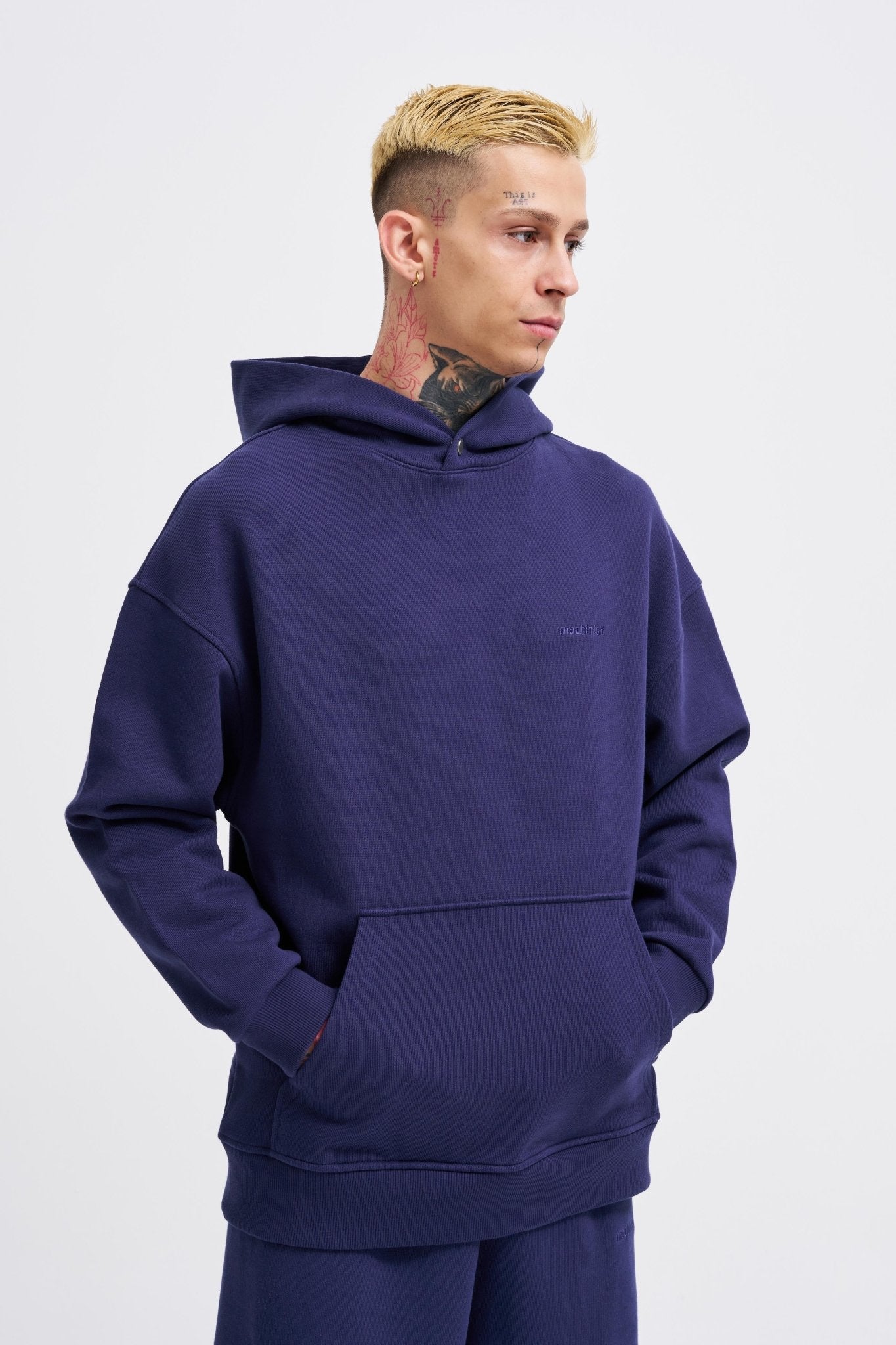 Erkek Basic Diagonel Kapüşonlu Sweatshirt Gece Mavisi
