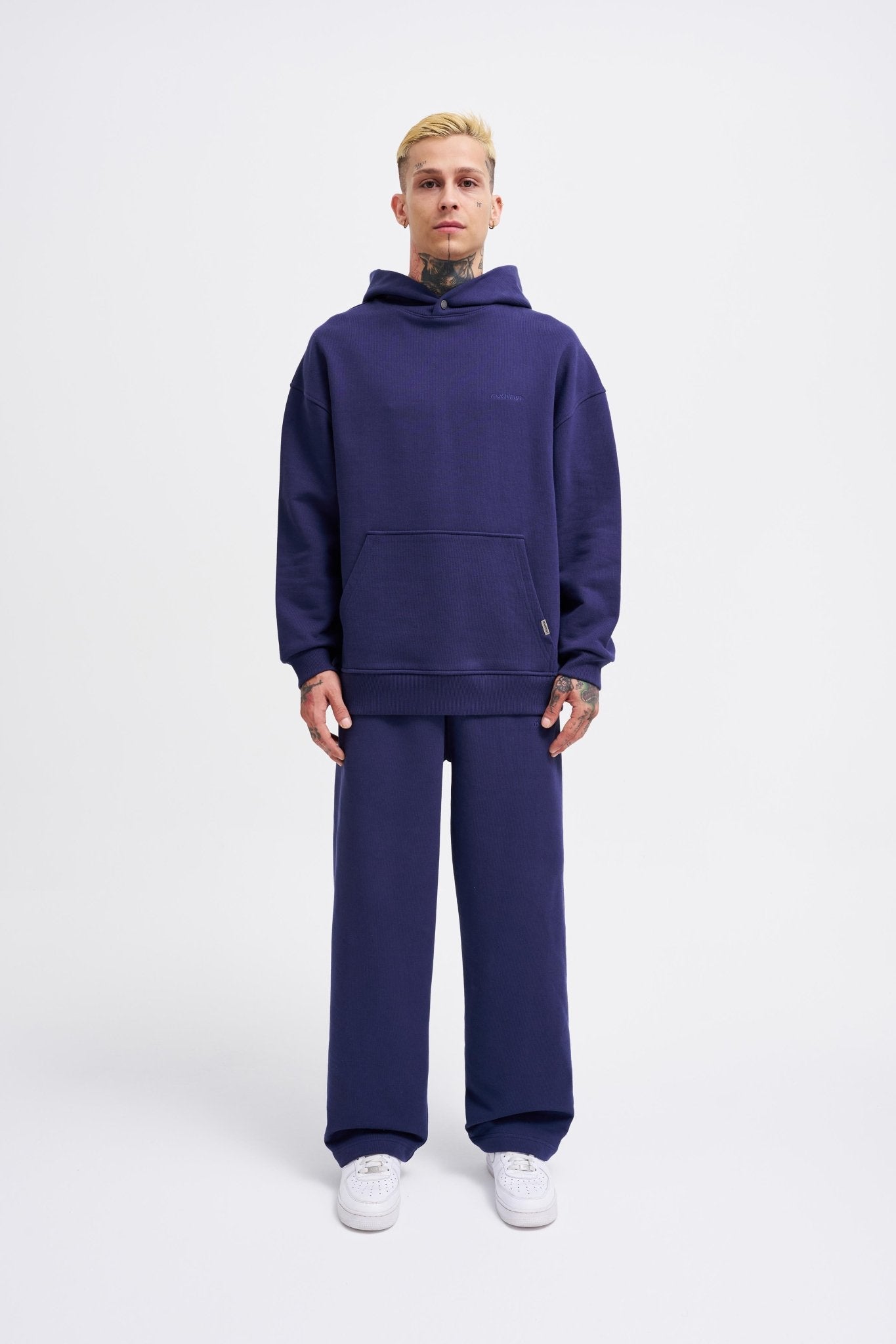 Erkek Basic Diagonel Kapüşonlu Sweatshirt Gece Mavisi