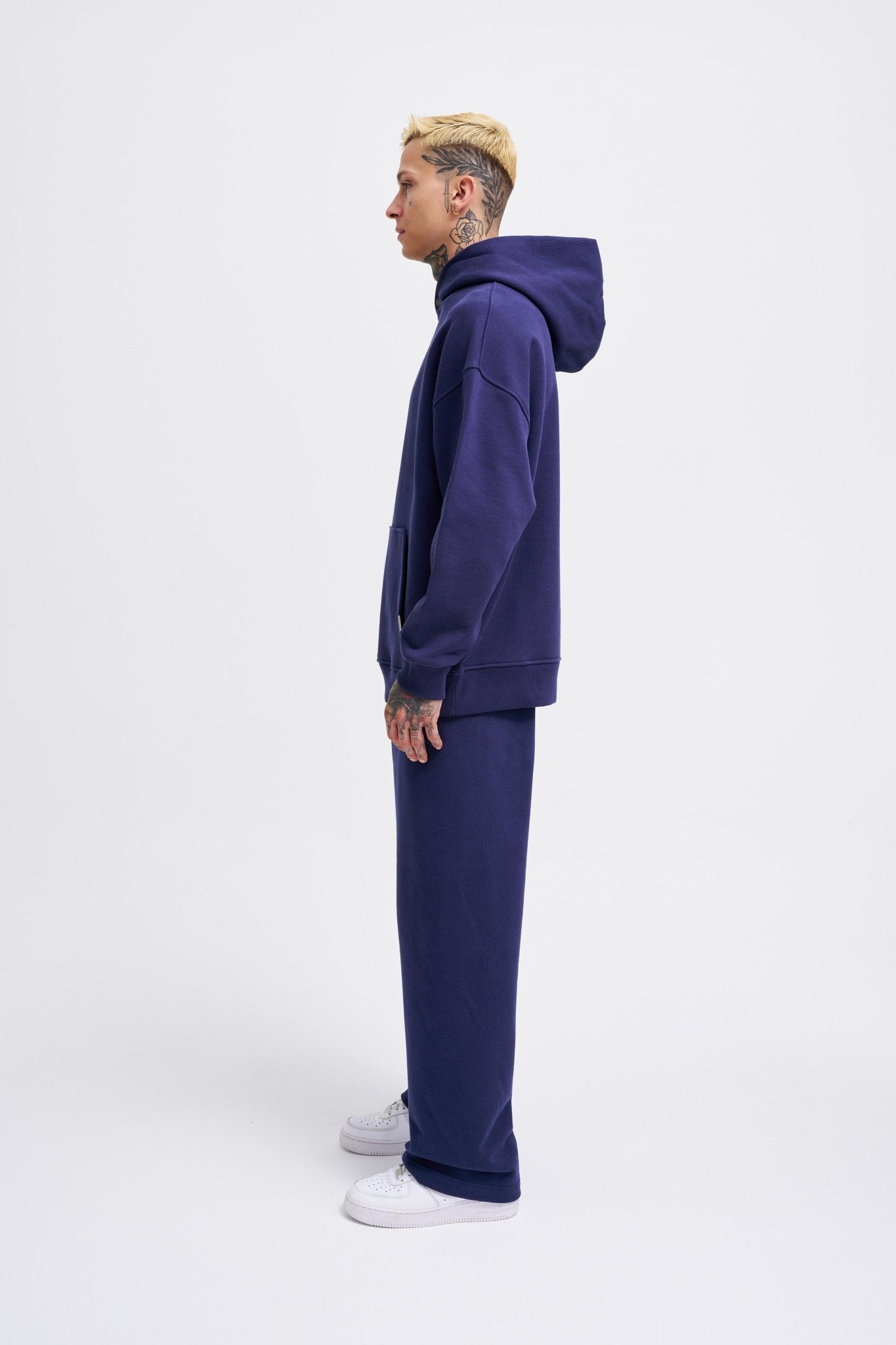 Erkek Basic Diagonel Kapüşonlu Sweatshirt Gece Mavisi