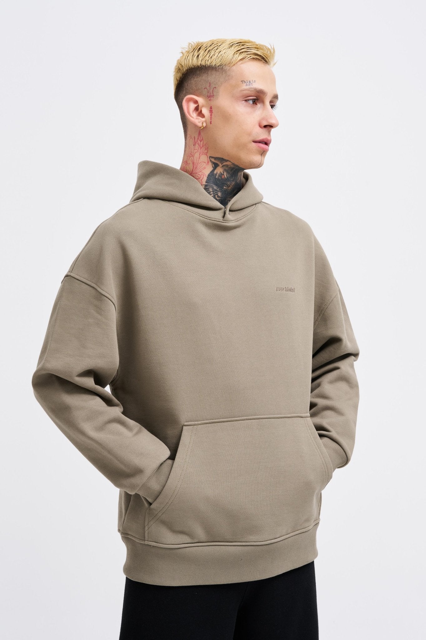 Erkek Basic Diagonel Kapüşonlu Sweatshirt Haki