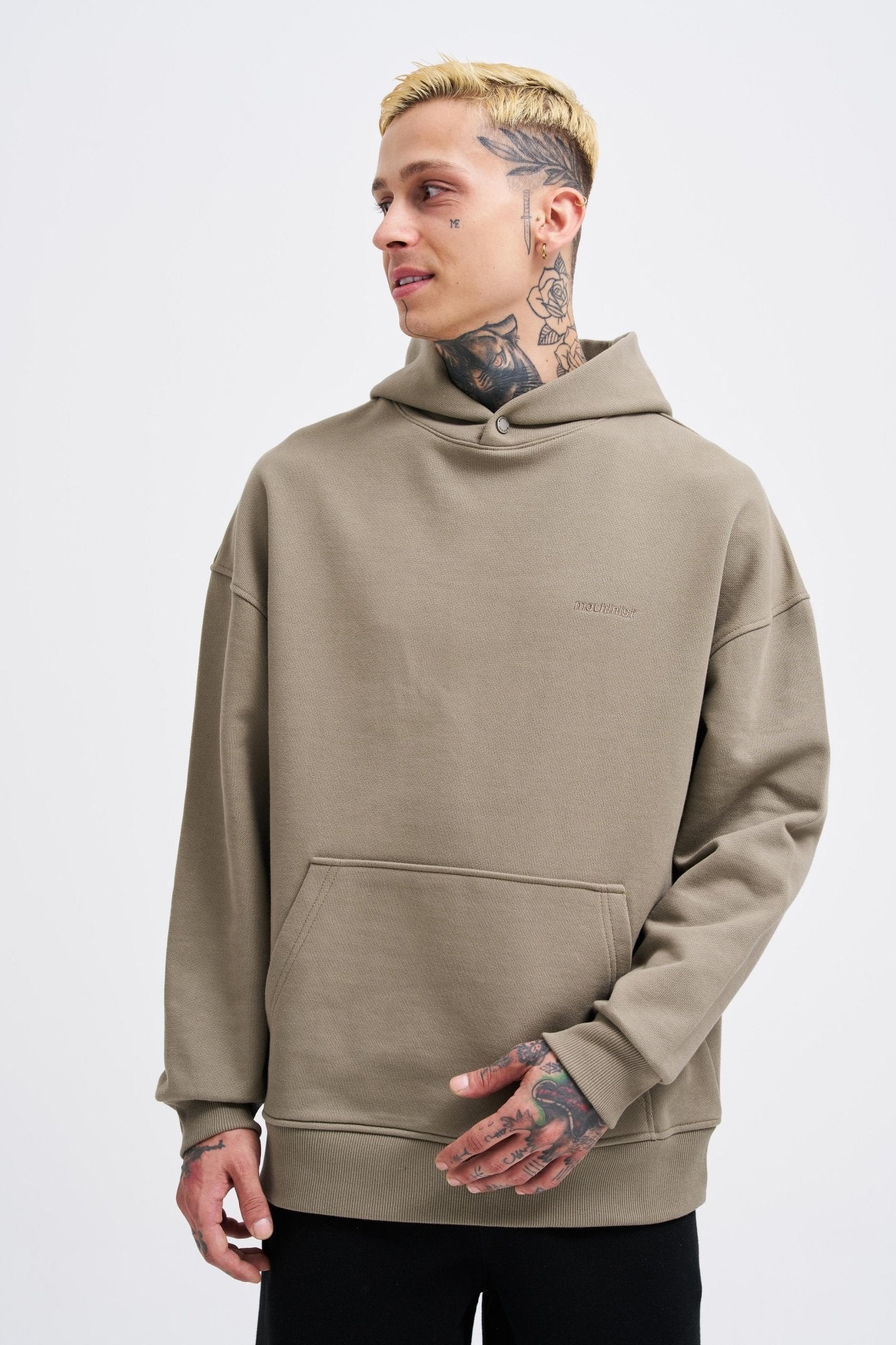 Erkek Basic Diagonel Kapüşonlu Sweatshirt Haki