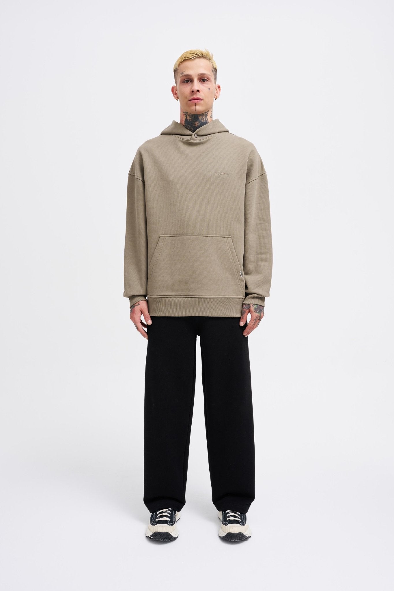 Erkek Basic Diagonel Kapüşonlu Sweatshirt Haki