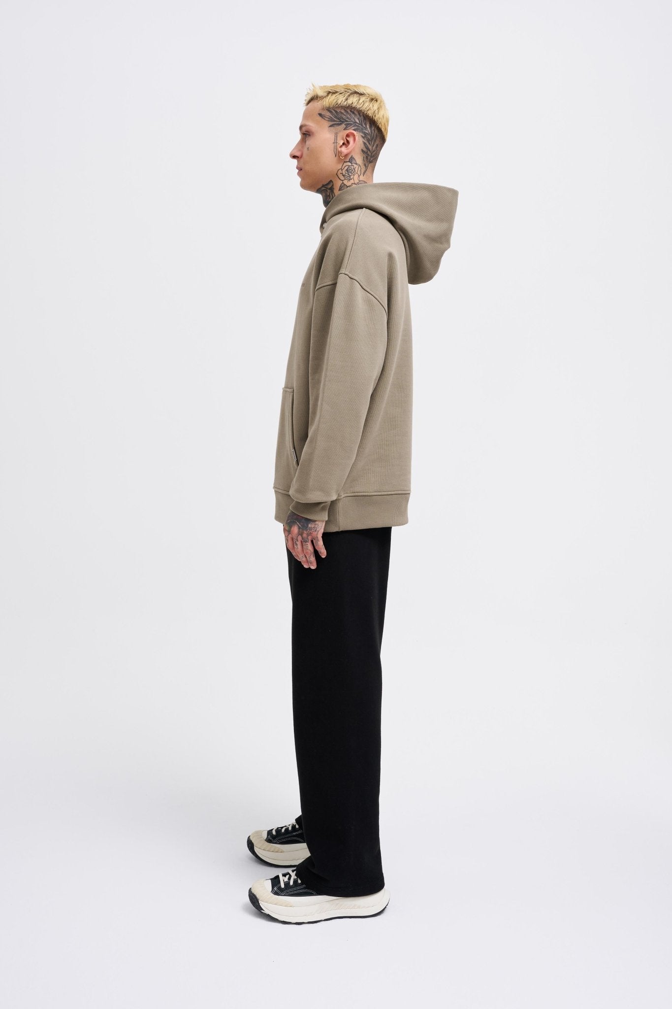 Erkek Basic Diagonel Kapüşonlu Sweatshirt Haki