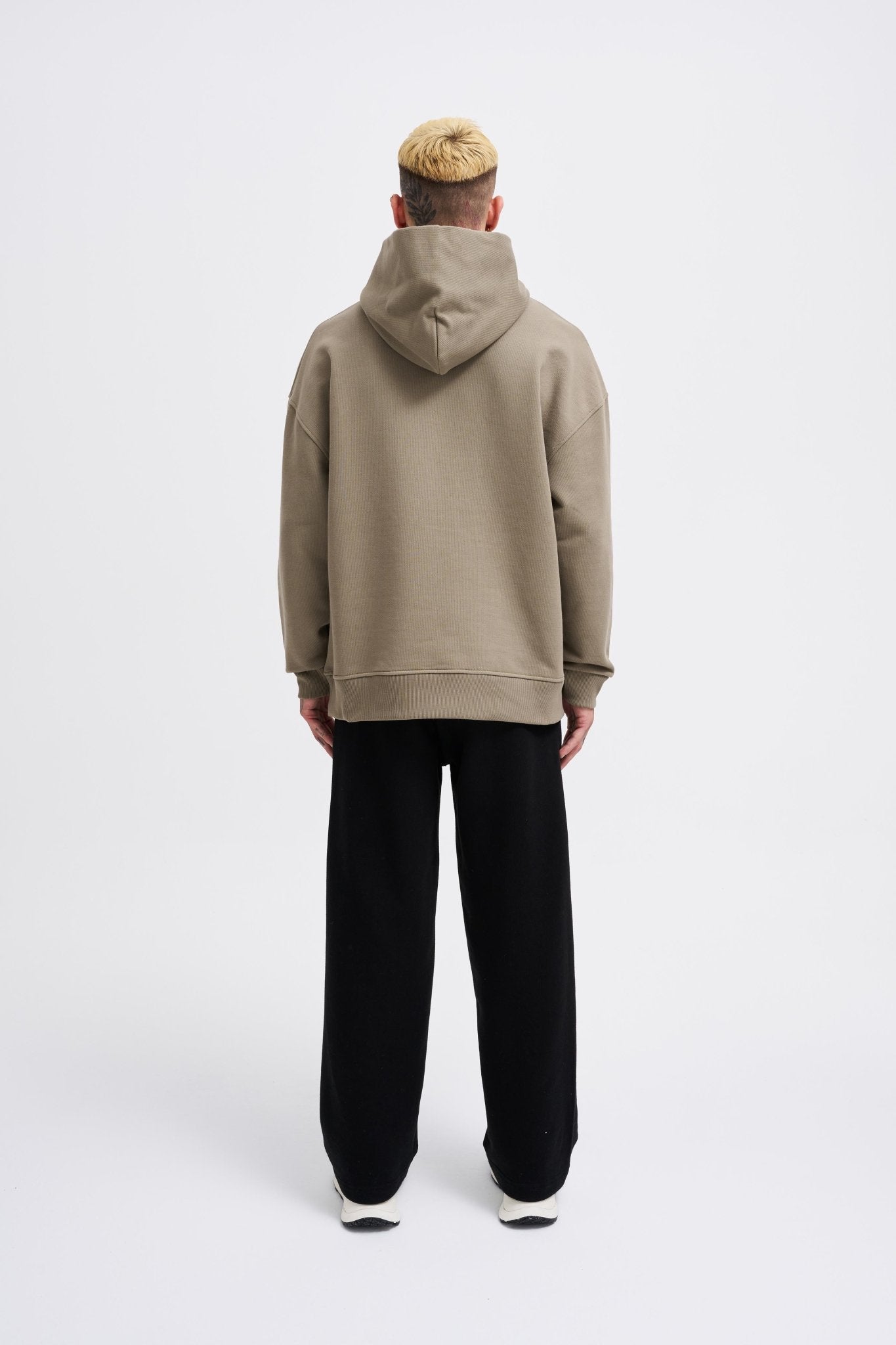 Erkek Basic Diagonel Kapüşonlu Sweatshirt Haki