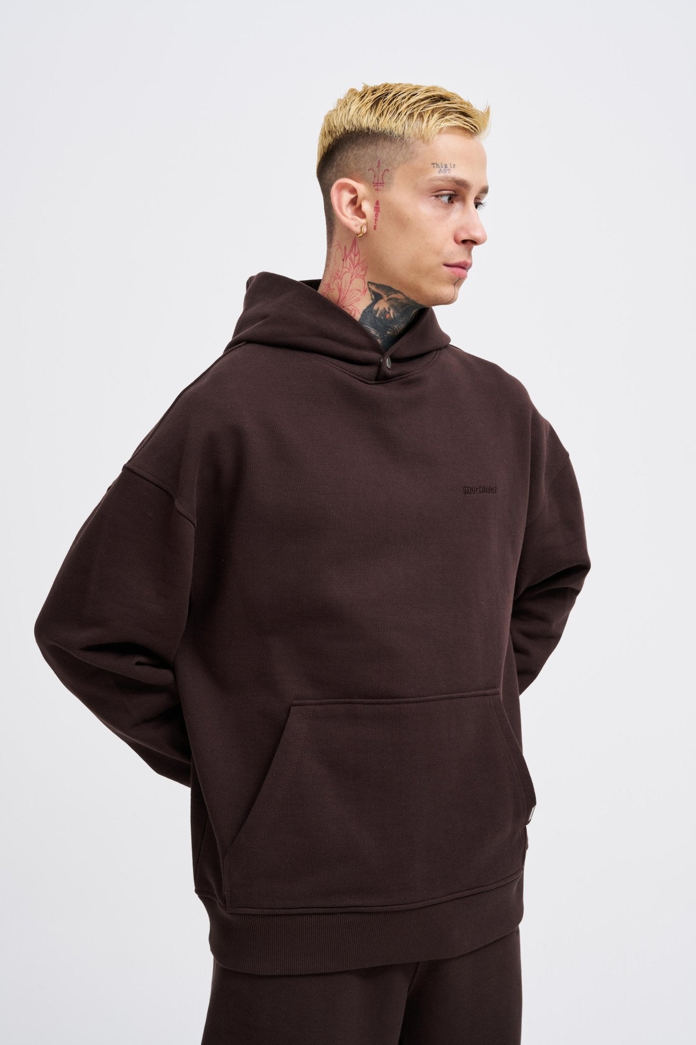 Erkek Basic Diagonel Kapüşonlu Sweatshirt Koyu Kahverengi