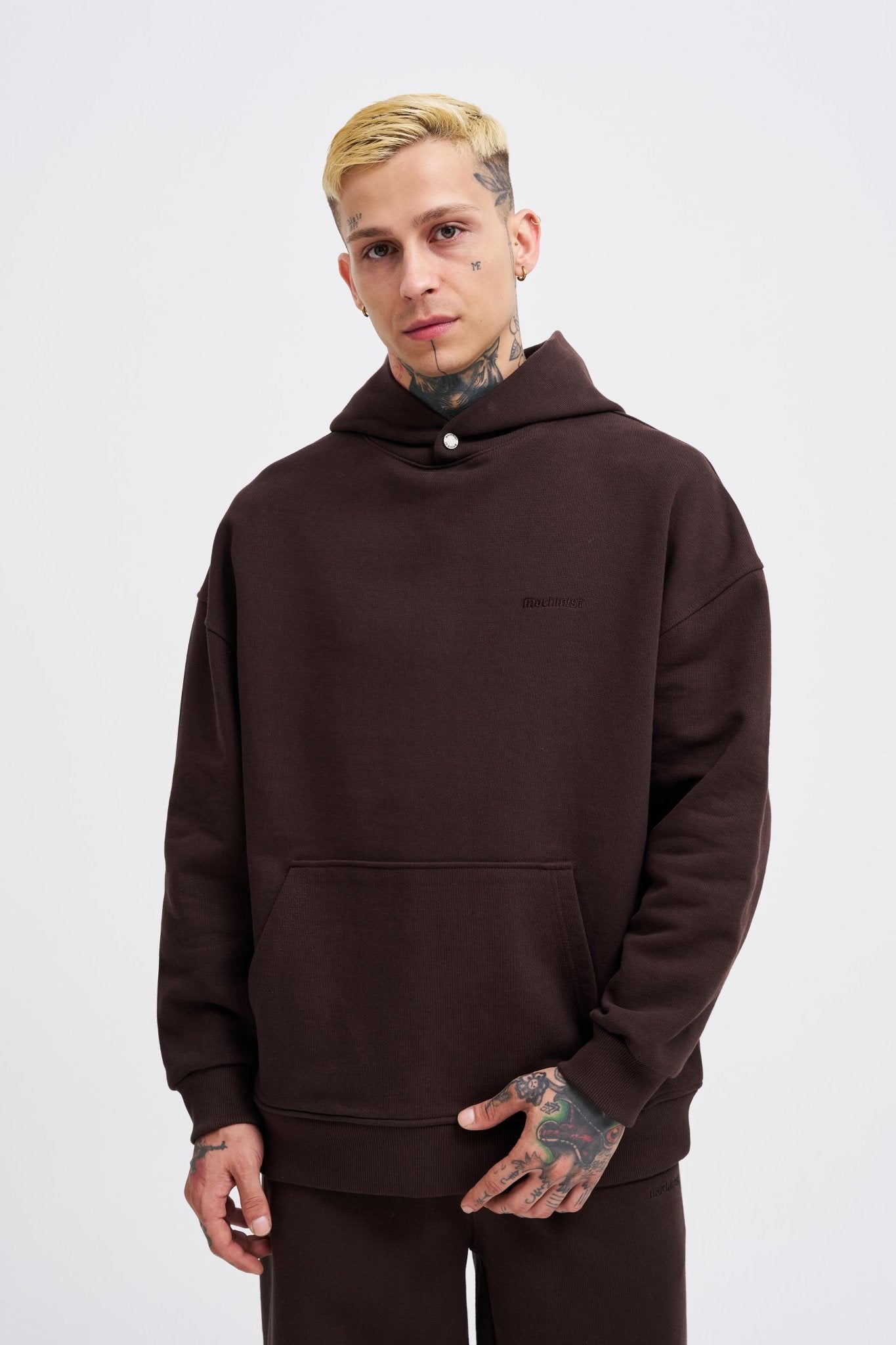 Erkek Basic Diagonel Kapüşonlu Sweatshirt Koyu Kahverengi