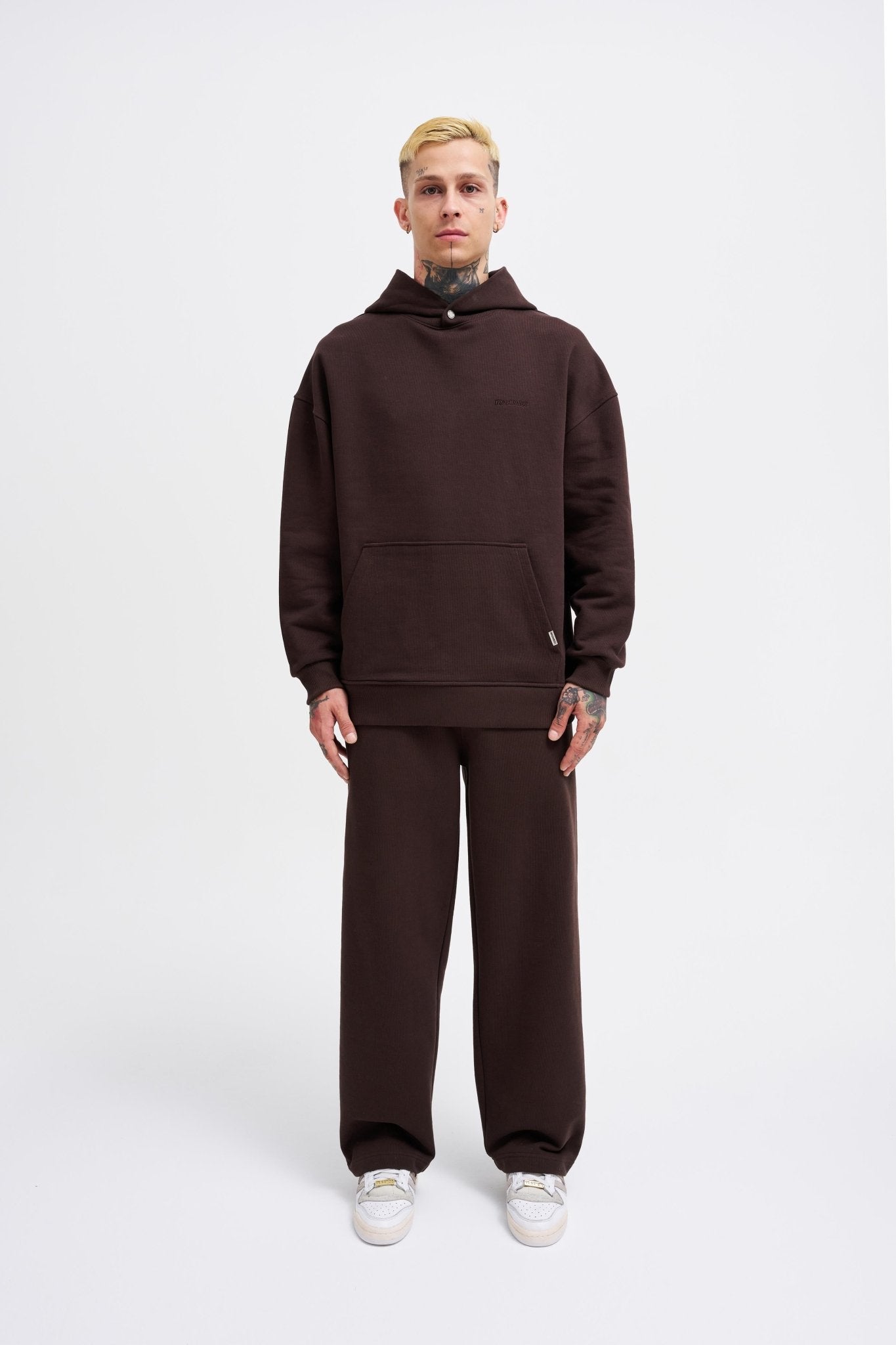 Erkek Basic Diagonel Kapüşonlu Sweatshirt Koyu Kahverengi