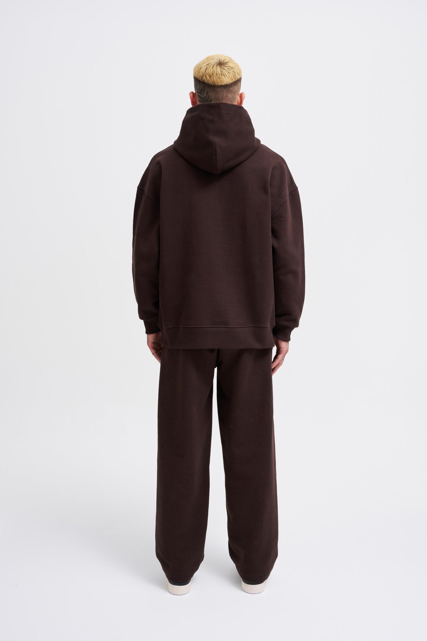 Erkek Basic Diagonel Kapüşonlu Sweatshirt Koyu Kahverengi