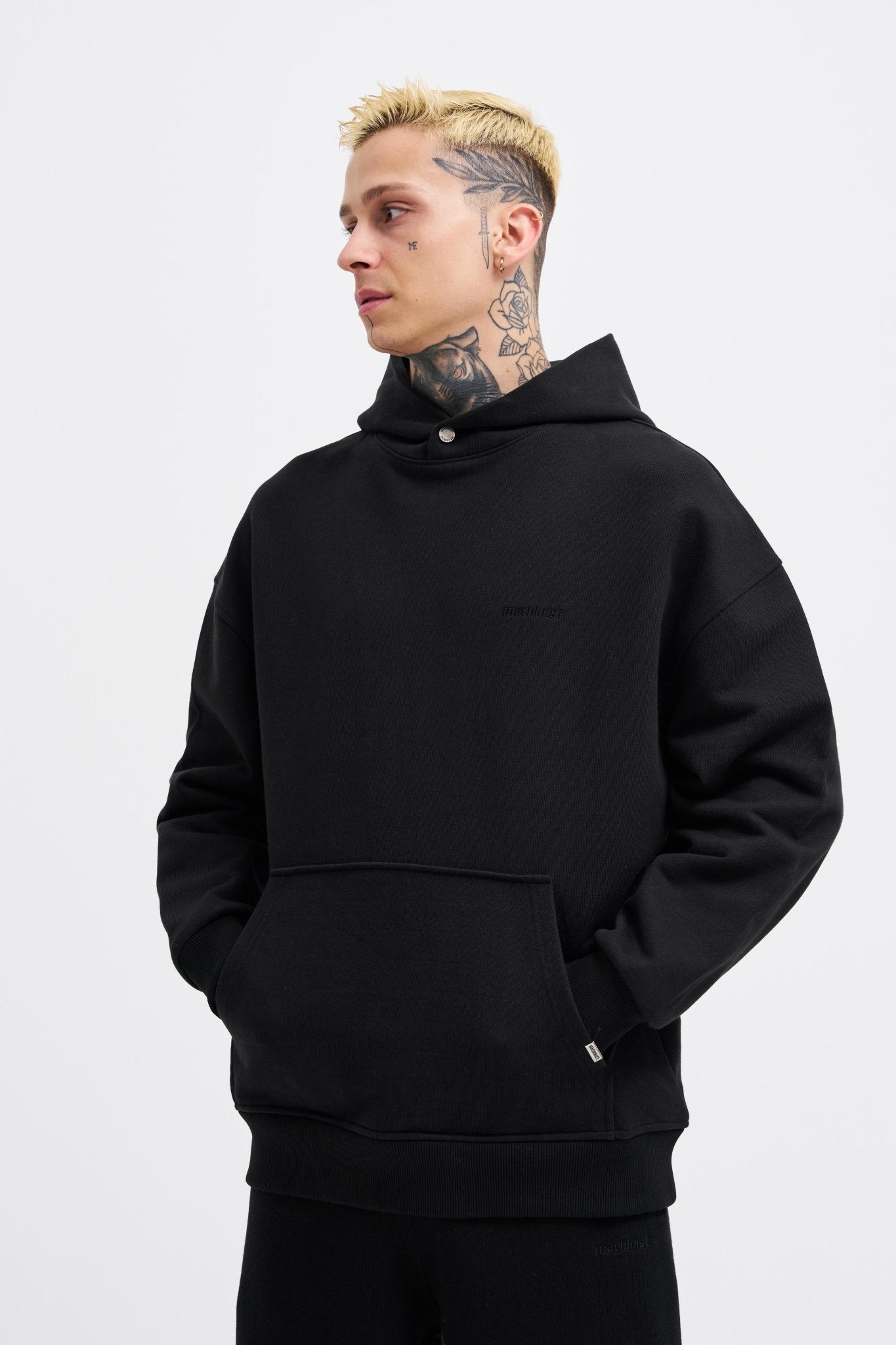 Erkek Basic Diagonel Kapüşonlu Sweatshirt Siyah